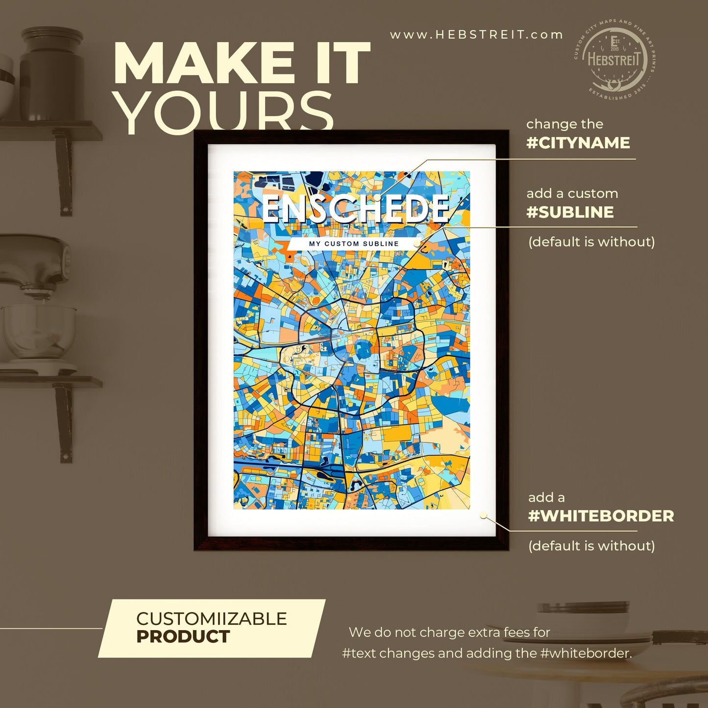 ENSCHEDE NETHERLANDS Vibrant Colorful Art Map Poster Blue Orange