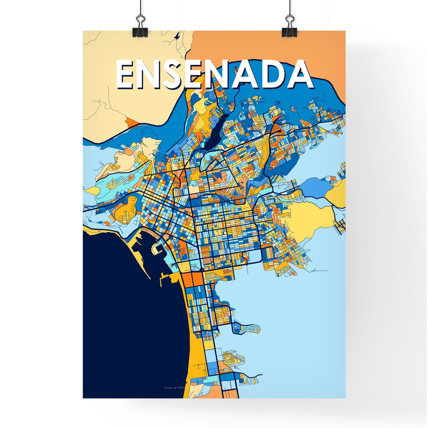 ENSENADA MEXICO Vibrant Colorful Art Map Poster Blue Orange