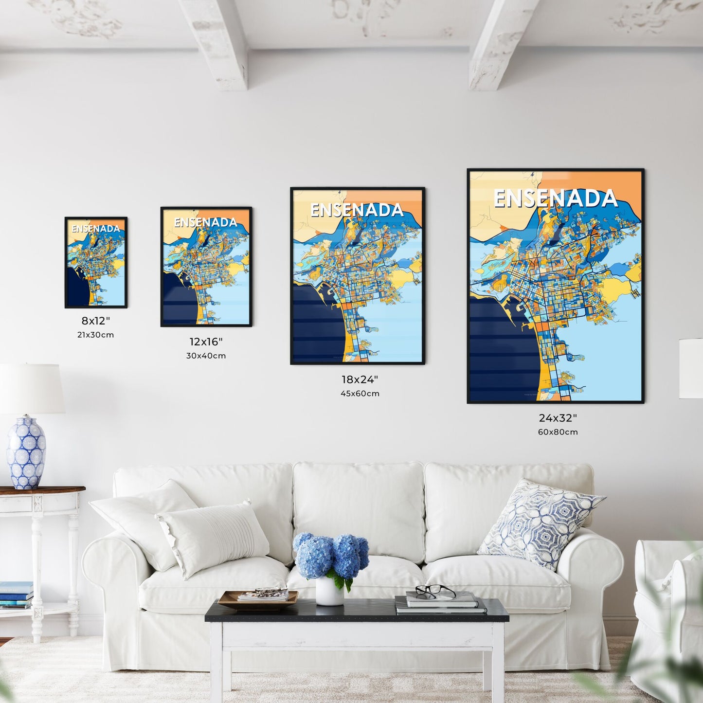 ENSENADA MEXICO Vibrant Colorful Art Map Poster Blue Orange