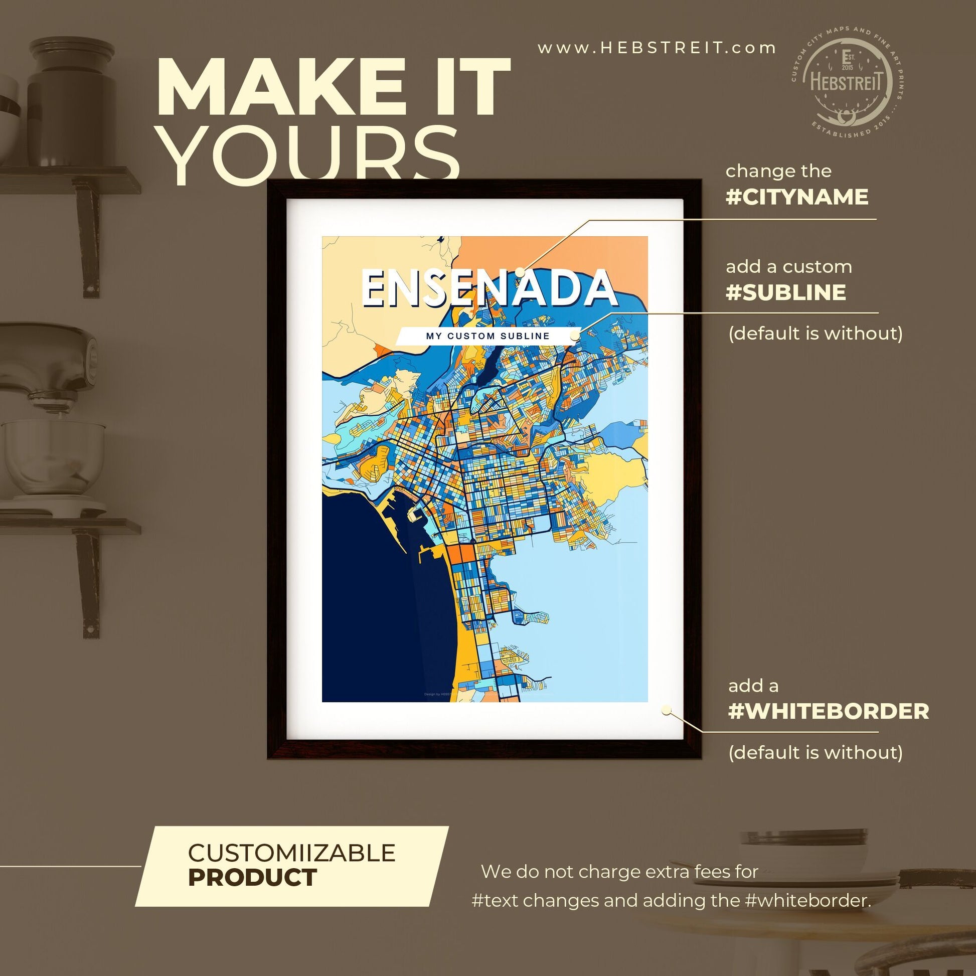 ENSENADA MEXICO Vibrant Colorful Art Map Poster Blue Orange