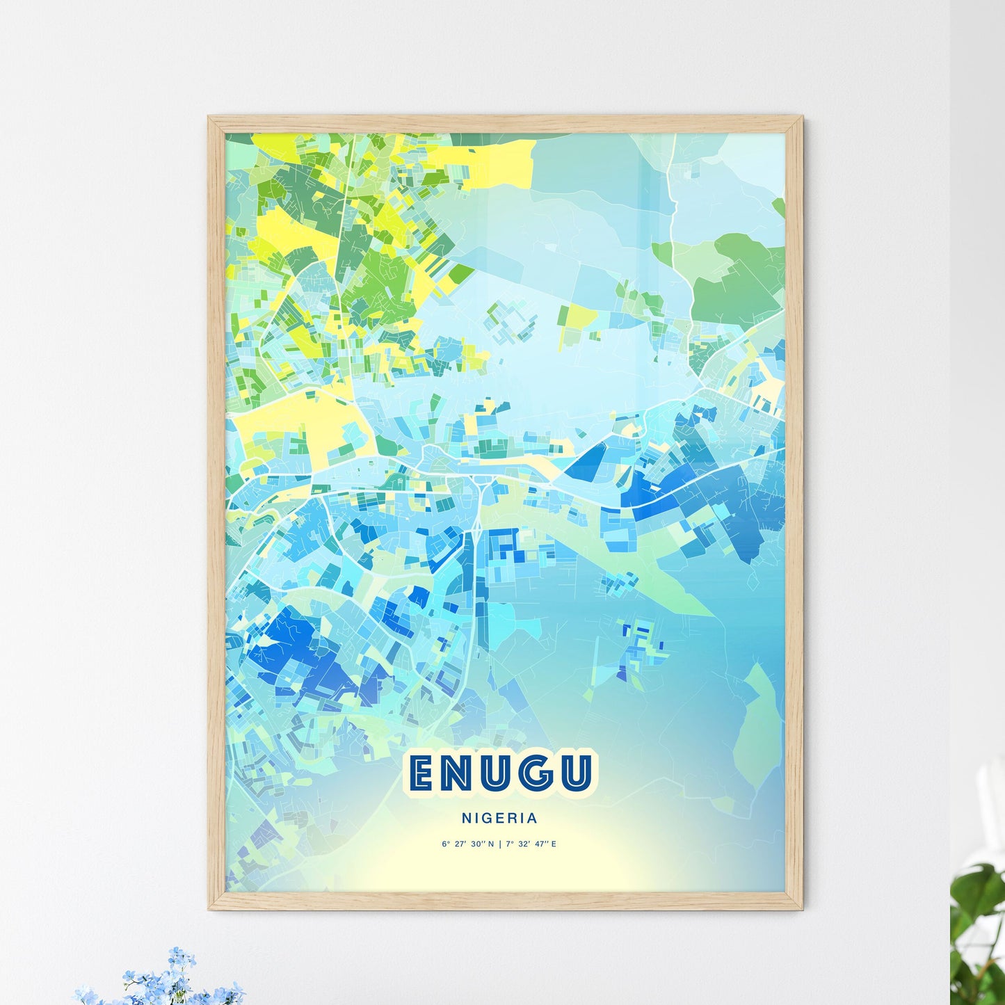 Colorful Enugu Nigeria Fine Art Map Cool Blue