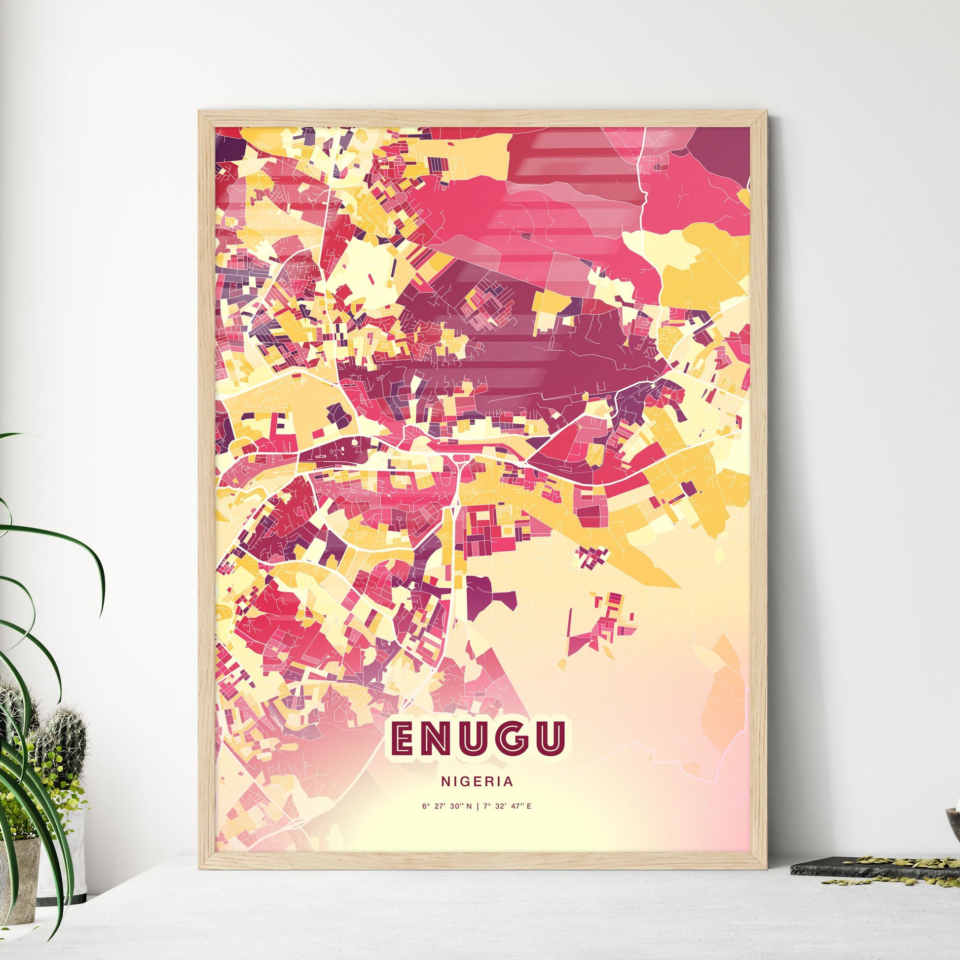 Colorful Enugu Nigeria Fine Art Map Hot Red