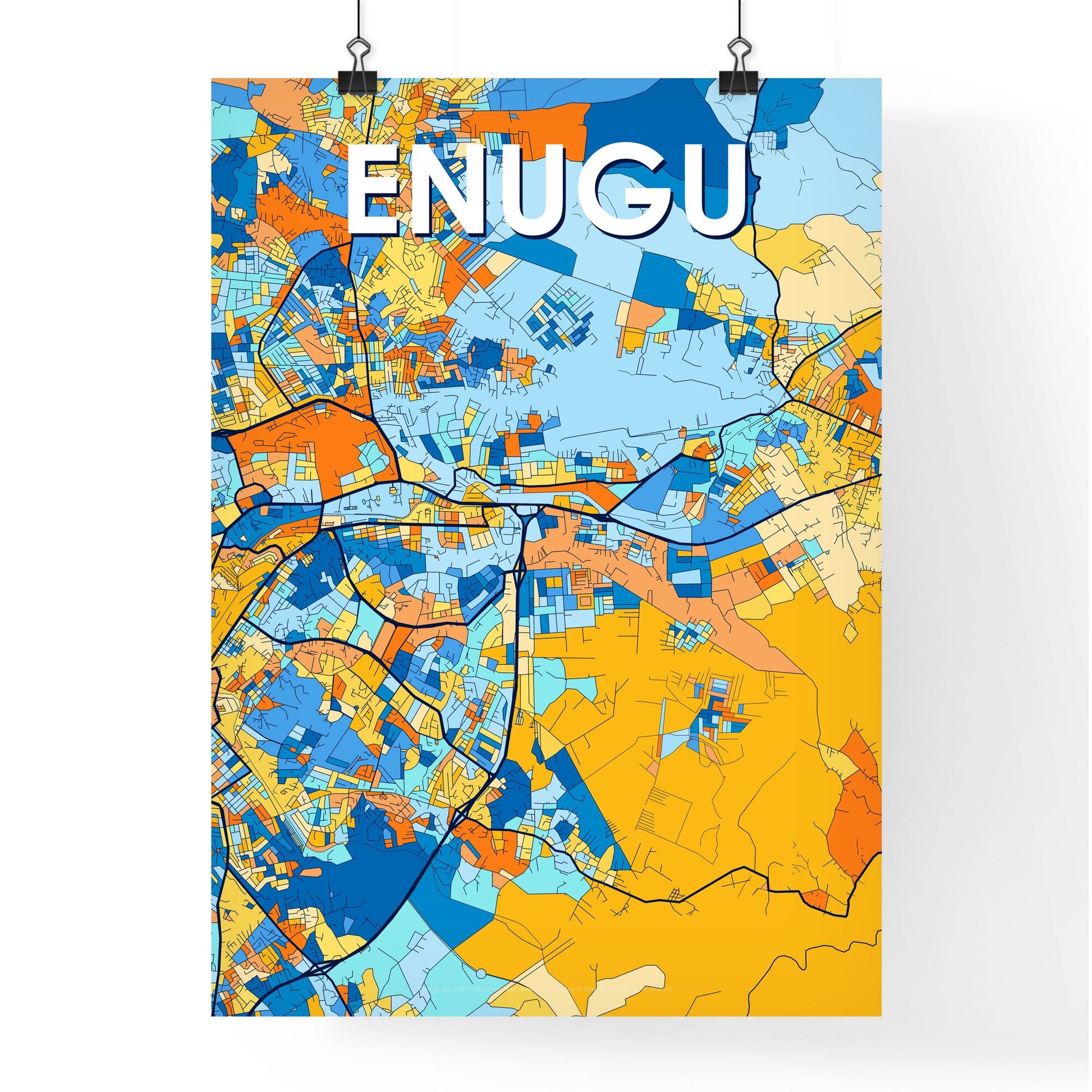 ENUGU NIGERIA Vibrant Colorful Art Map Poster Blue Orange