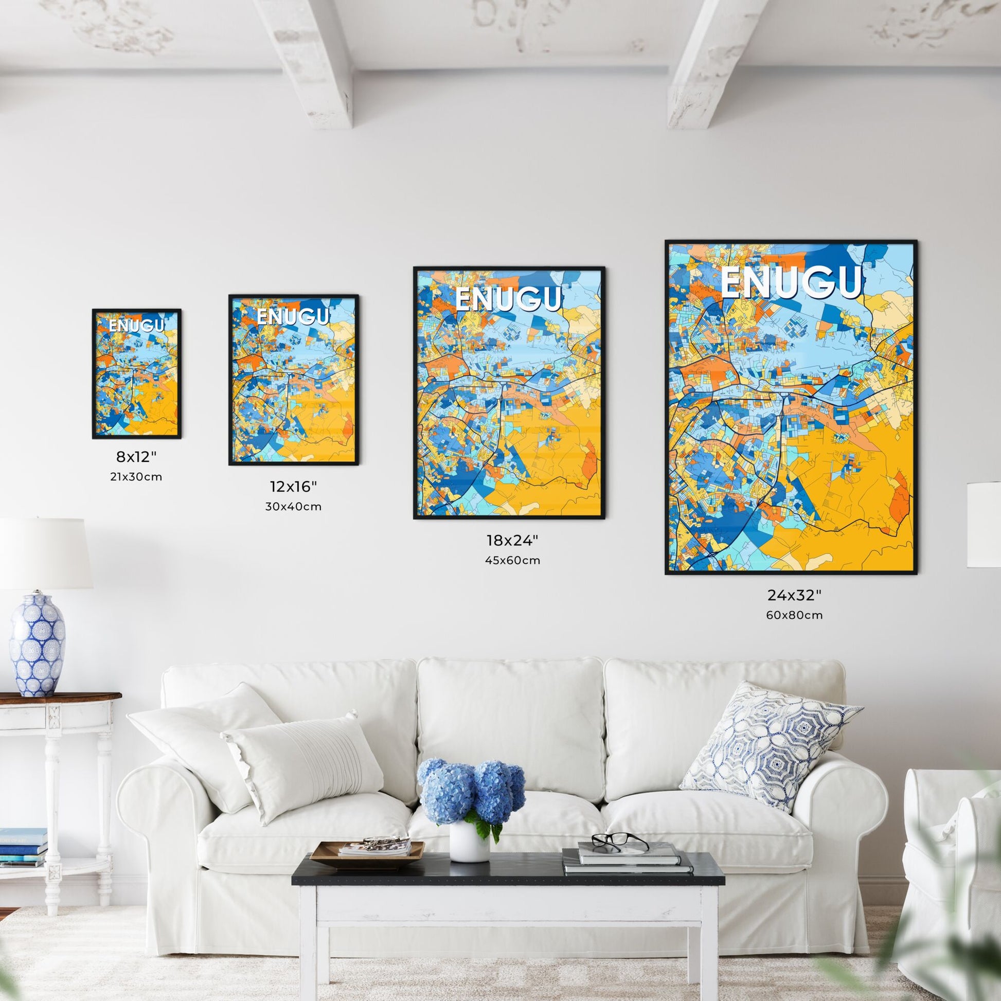 ENUGU NIGERIA Vibrant Colorful Art Map Poster Blue Orange
