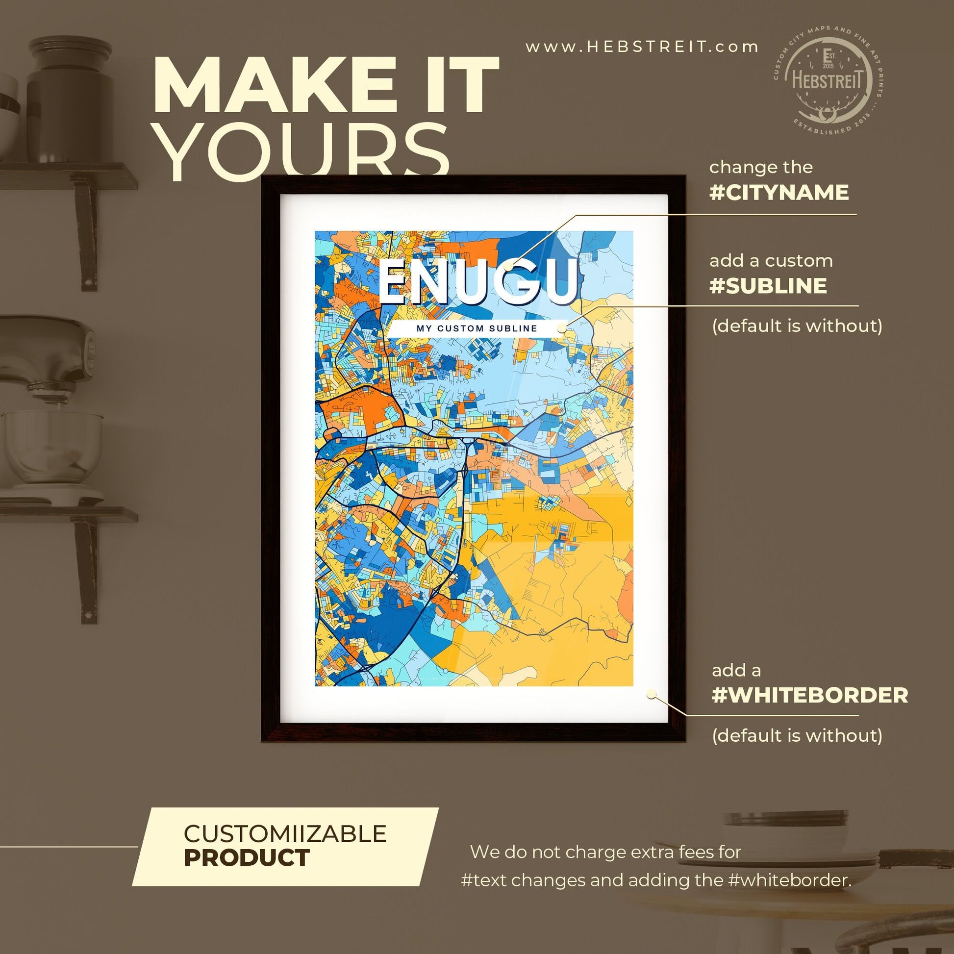 ENUGU NIGERIA Vibrant Colorful Art Map Poster Blue Orange