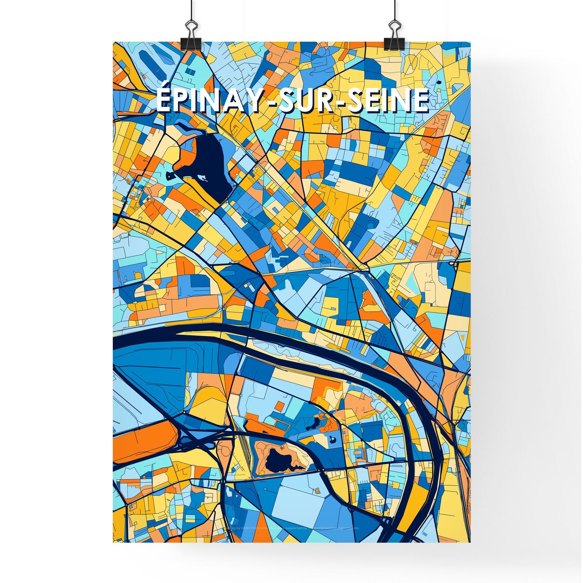 ÉPINAY-SUR-SEINE FRANCE Vibrant Colorful Art Map Poster Blue Orange