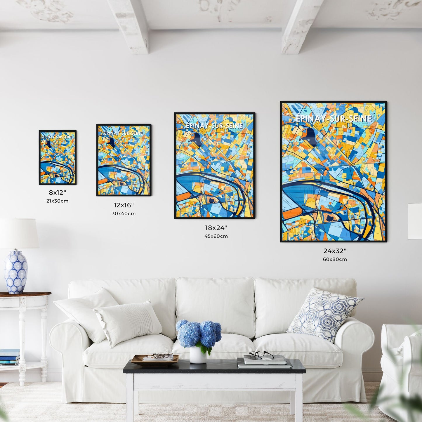ÉPINAY-SUR-SEINE FRANCE Vibrant Colorful Art Map Poster Blue Orange