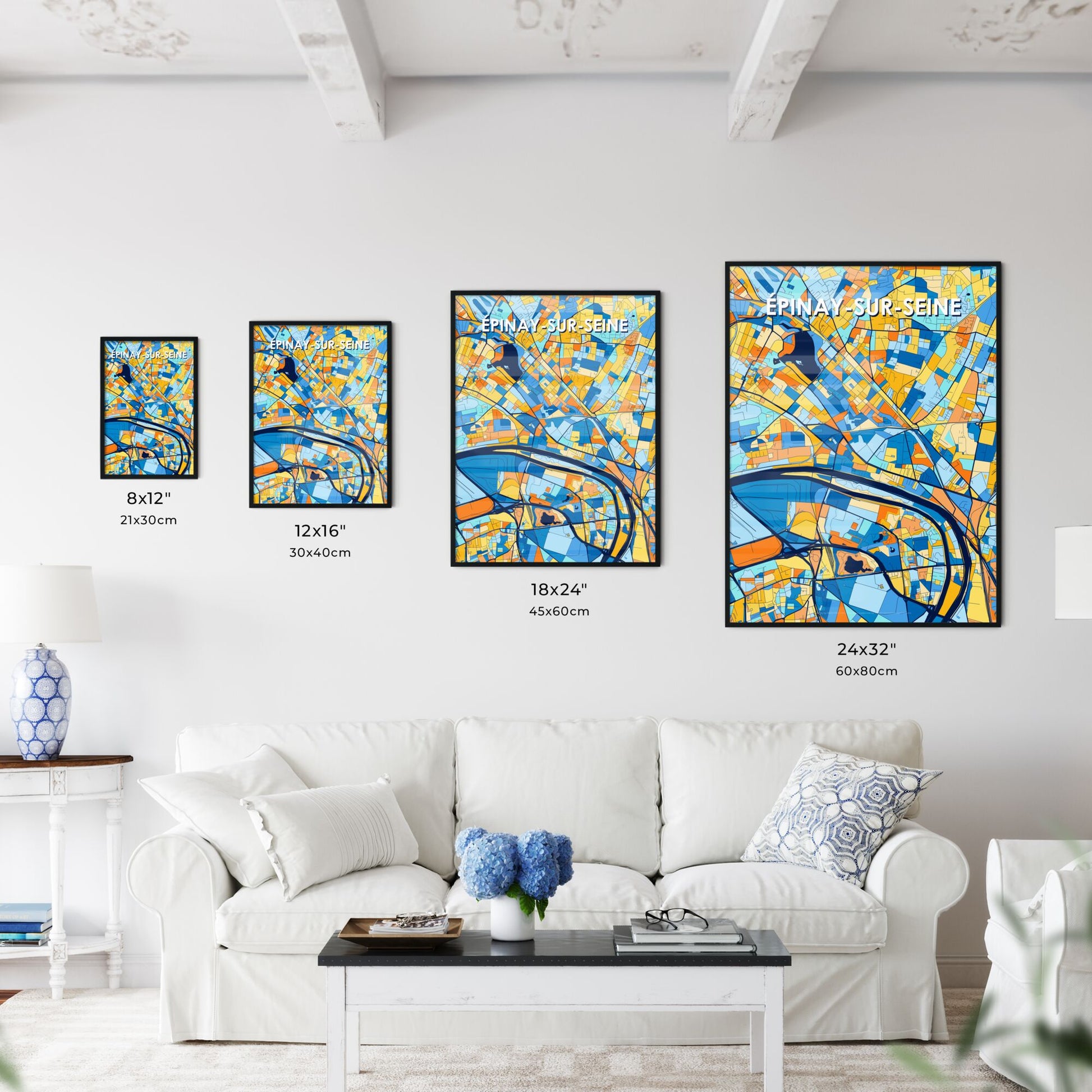 ÉPINAY-SUR-SEINE FRANCE Vibrant Colorful Art Map Poster Blue Orange