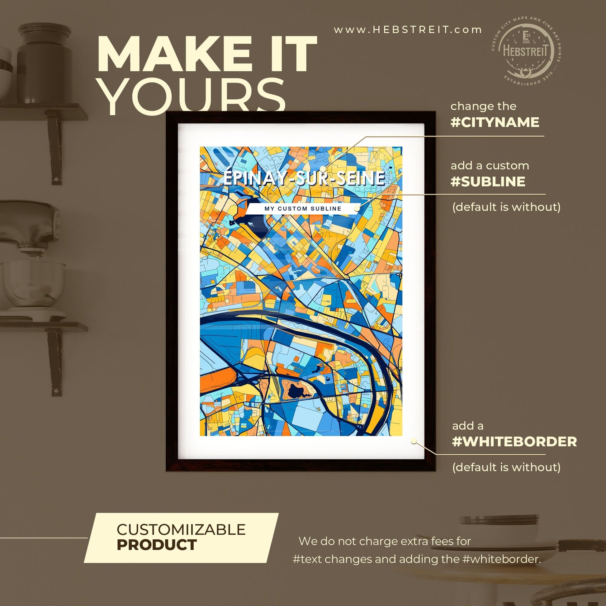 ÉPINAY-SUR-SEINE FRANCE Vibrant Colorful Art Map Poster Blue Orange