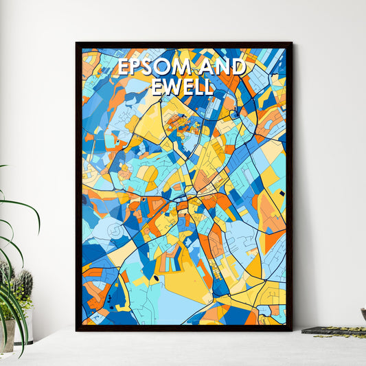 EPSOM AND EWELL ENGLAND Vibrant Colorful Art Map Poster Blue Orange
