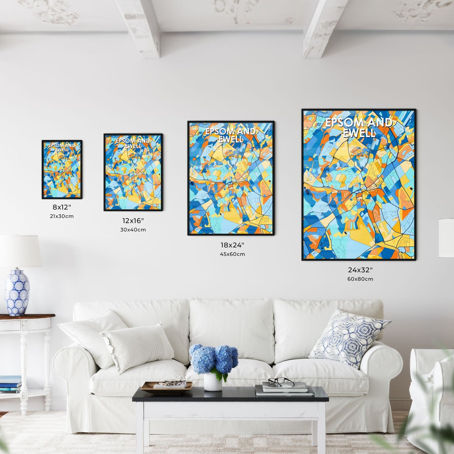 EPSOM AND EWELL ENGLAND Vibrant Colorful Art Map Poster Blue Orange