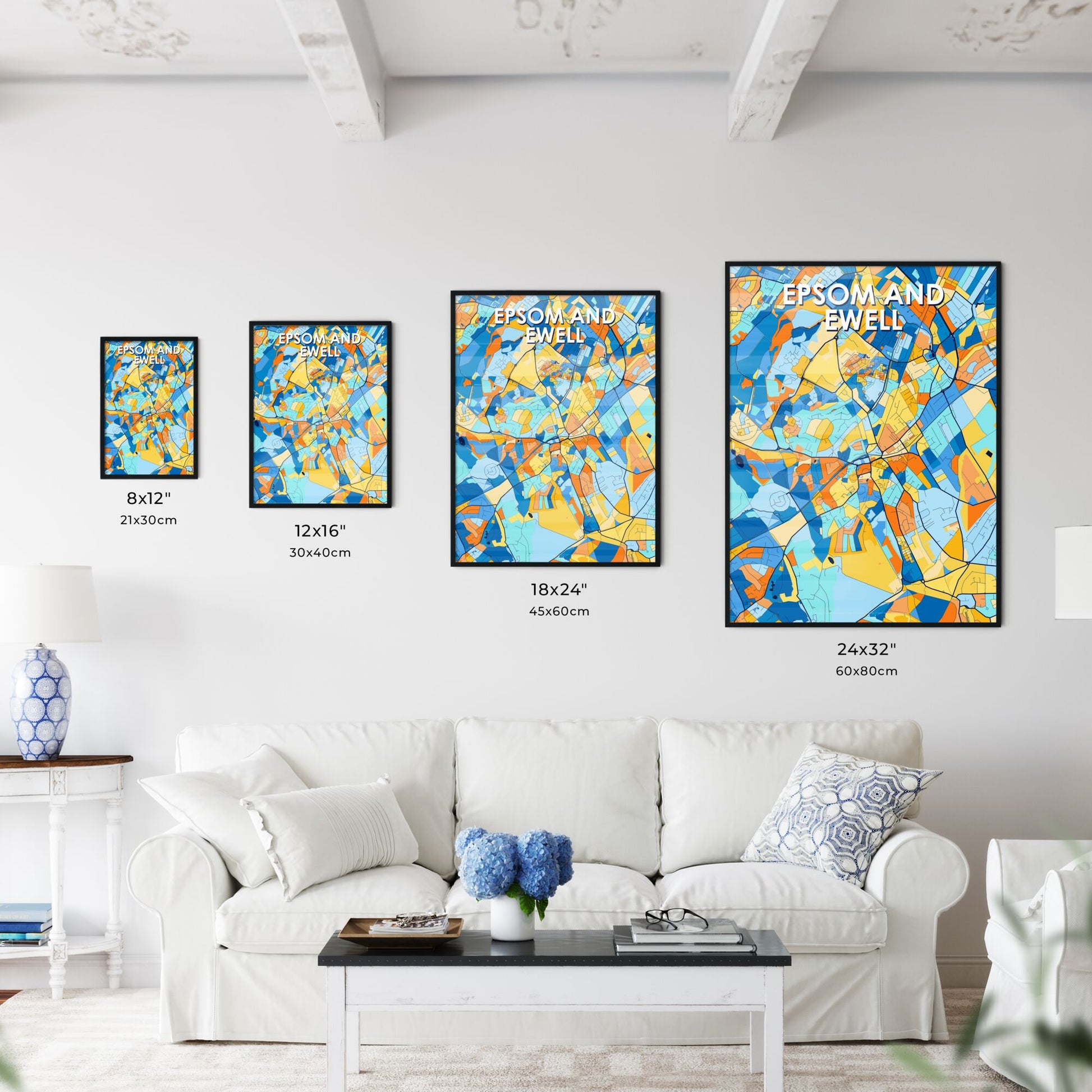 EPSOM AND EWELL ENGLAND Vibrant Colorful Art Map Poster Blue Orange