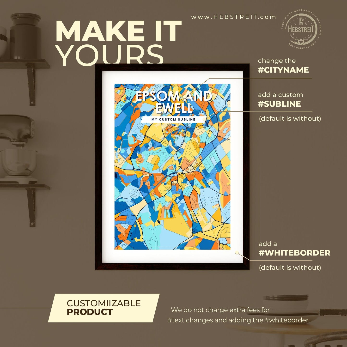 EPSOM AND EWELL ENGLAND Vibrant Colorful Art Map Poster Blue Orange