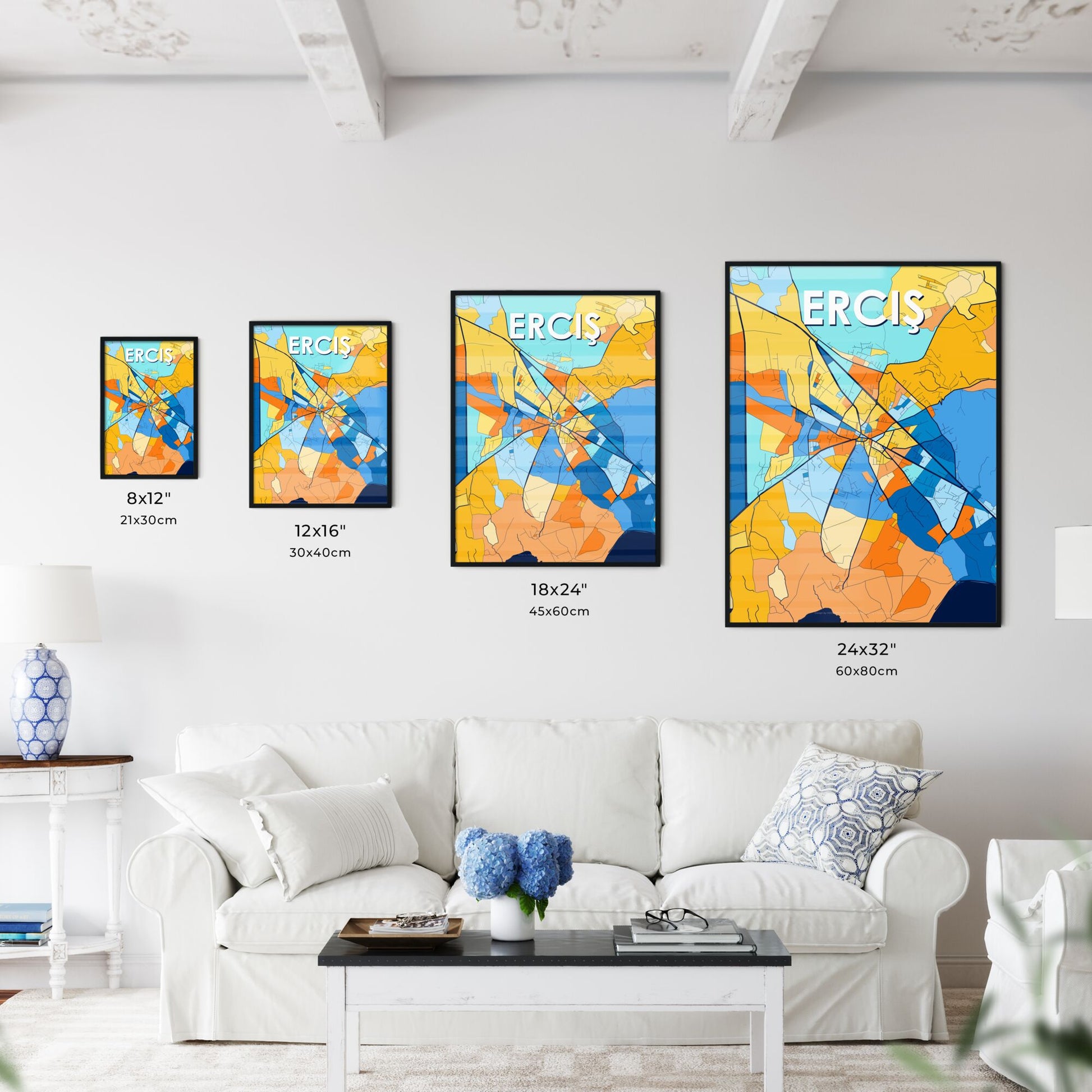 ERCIŞ TURKEY Vibrant Colorful Art Map Poster Blue Orange