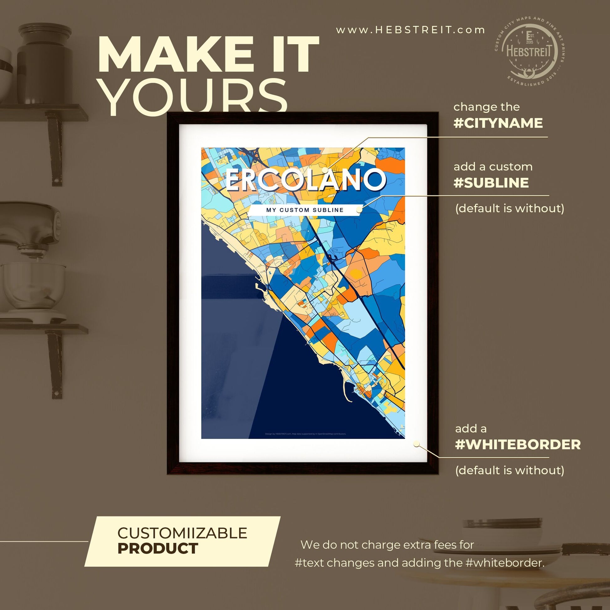 ERCOLANO ITALY Vibrant Colorful Art Map Poster Blue Orange