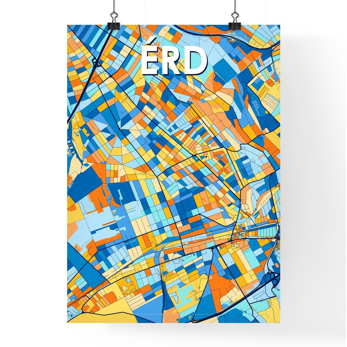 ÉRD HUNGARY Vibrant Colorful Art Map Poster Blue Orange