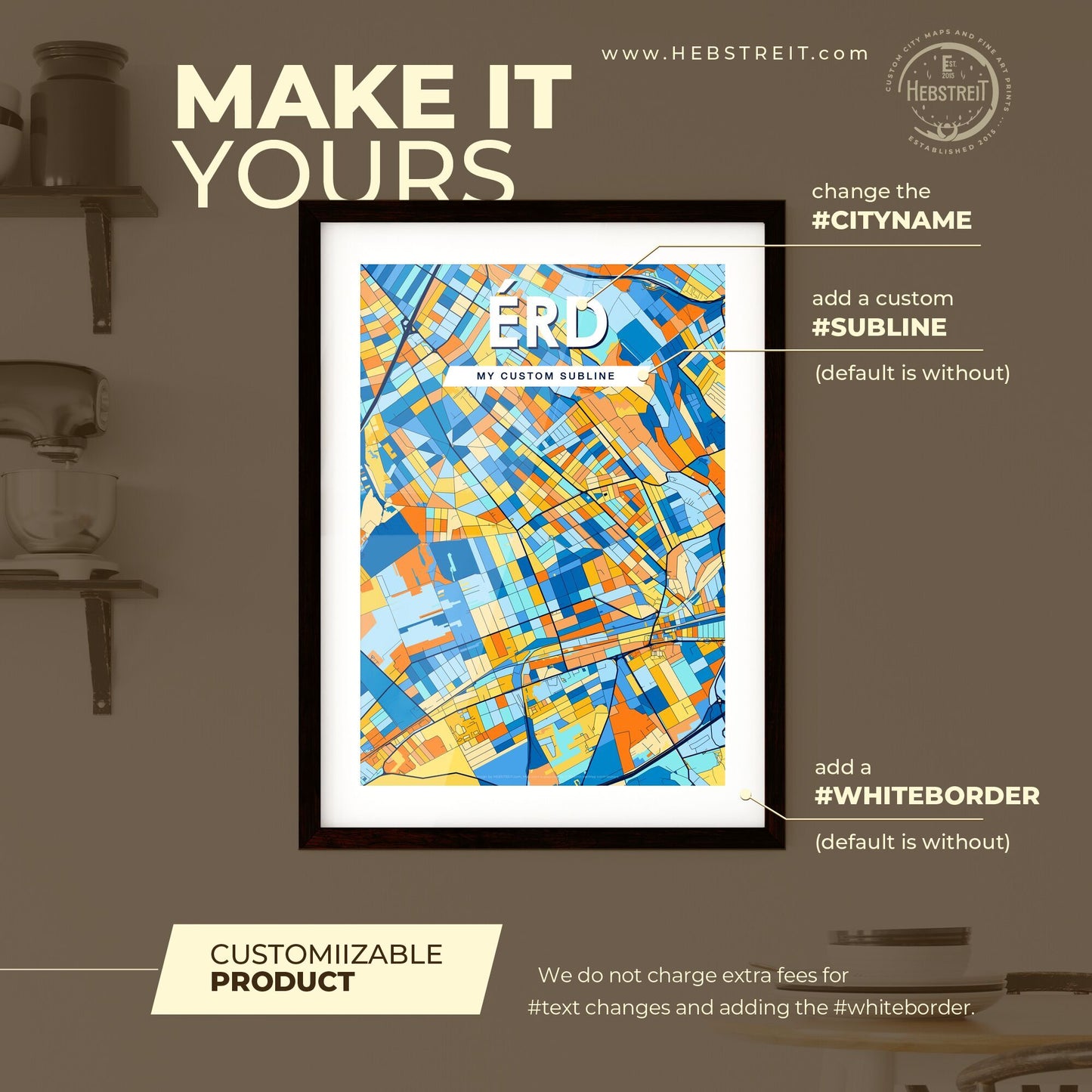 ÉRD HUNGARY Vibrant Colorful Art Map Poster Blue Orange