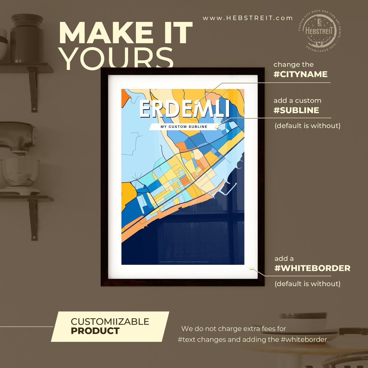 ERDEMLI TURKEY Vibrant Colorful Art Map Poster Blue Orange