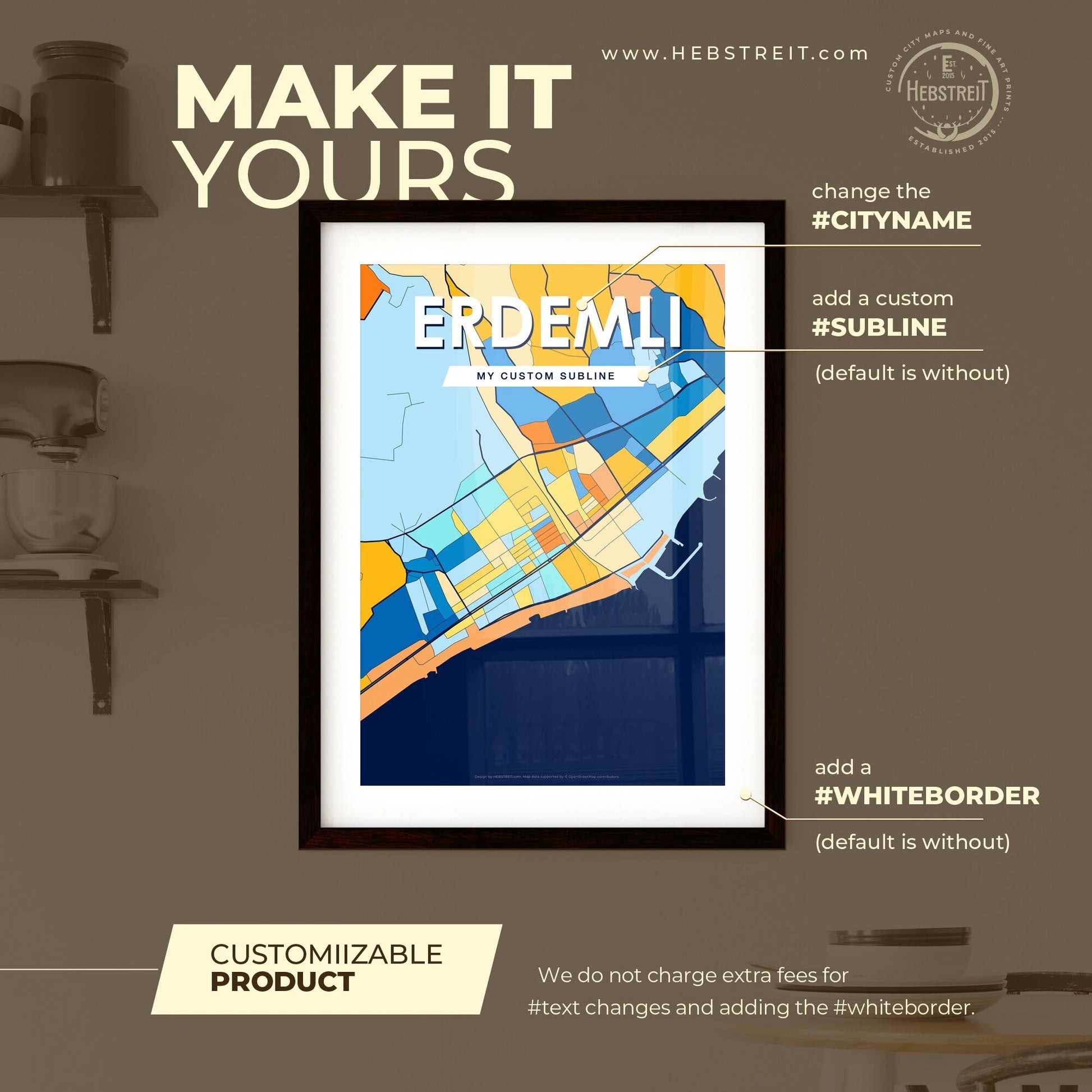 ERDEMLI TURKEY Vibrant Colorful Art Map Poster Blue Orange