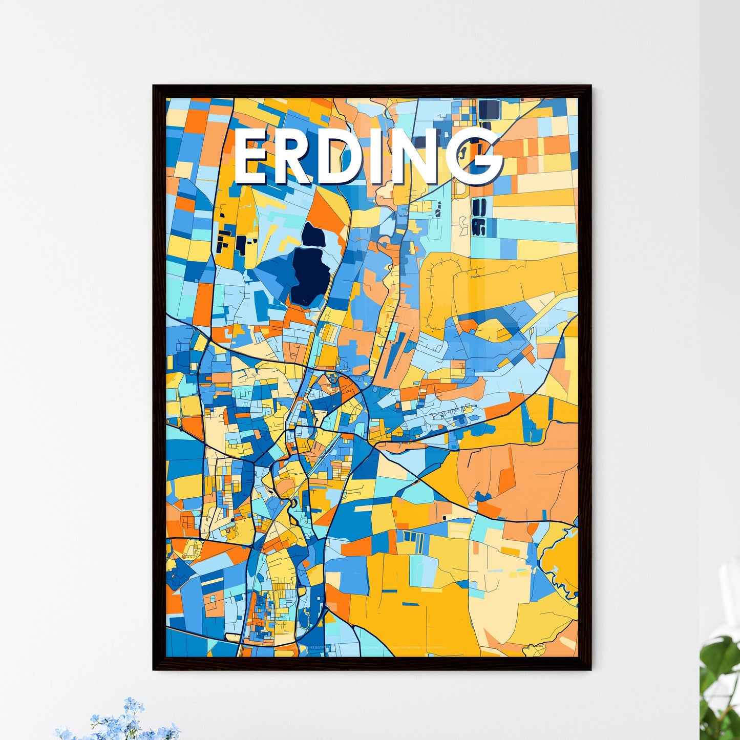 ERDING GERMANY Vibrant Colorful Art Map Poster Blue Orange