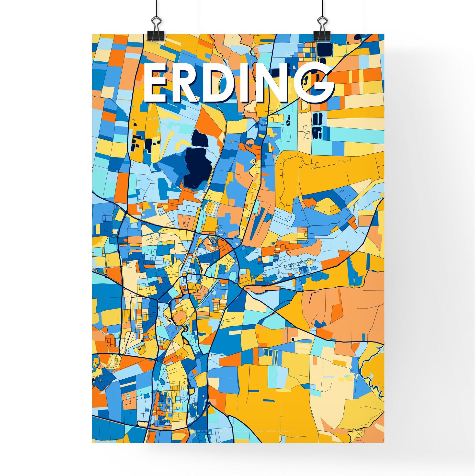 ERDING GERMANY Vibrant Colorful Art Map Poster Blue Orange