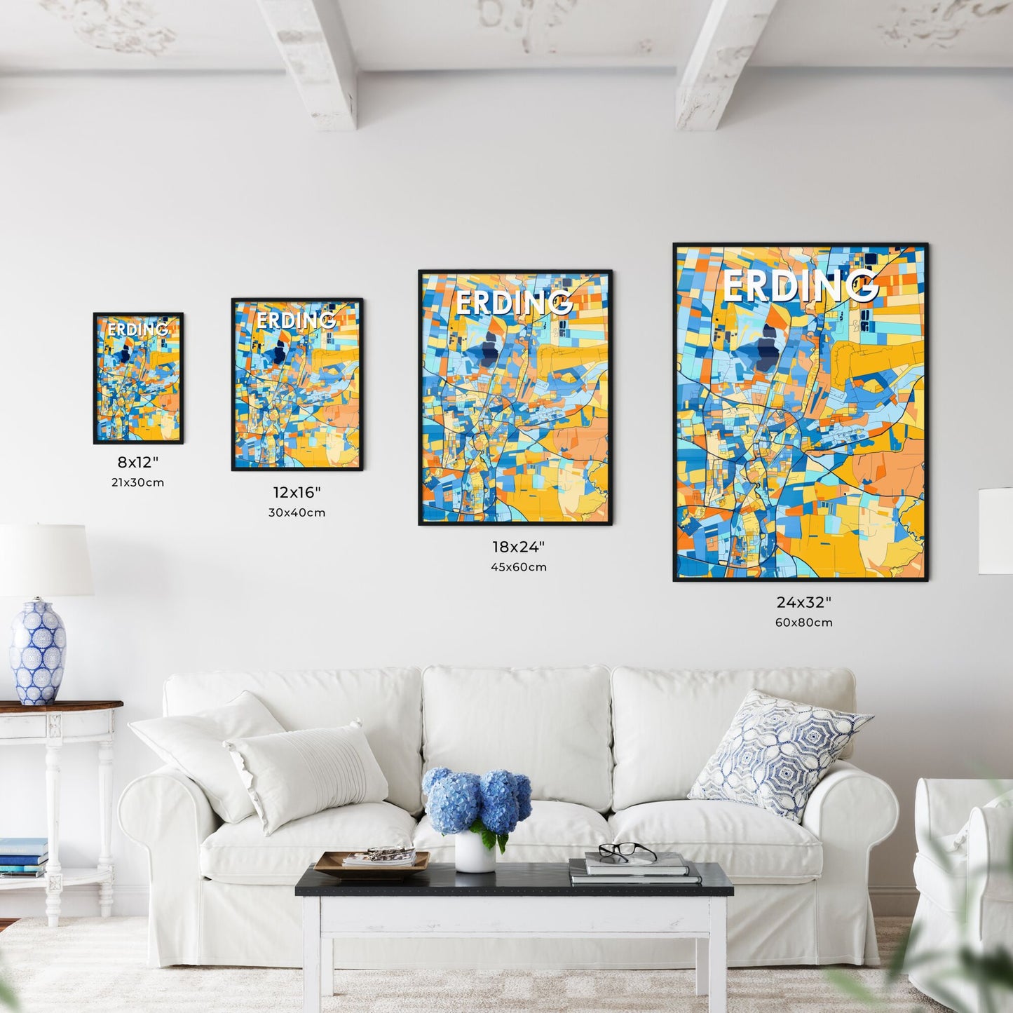 ERDING GERMANY Vibrant Colorful Art Map Poster Blue Orange