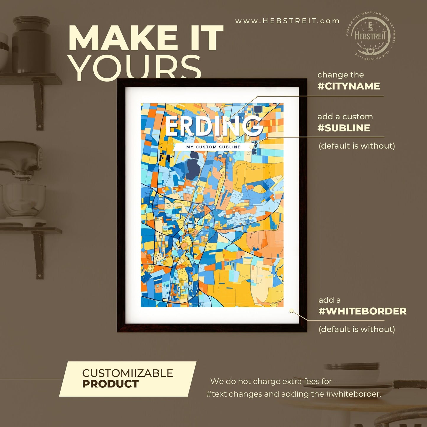 ERDING GERMANY Vibrant Colorful Art Map Poster Blue Orange