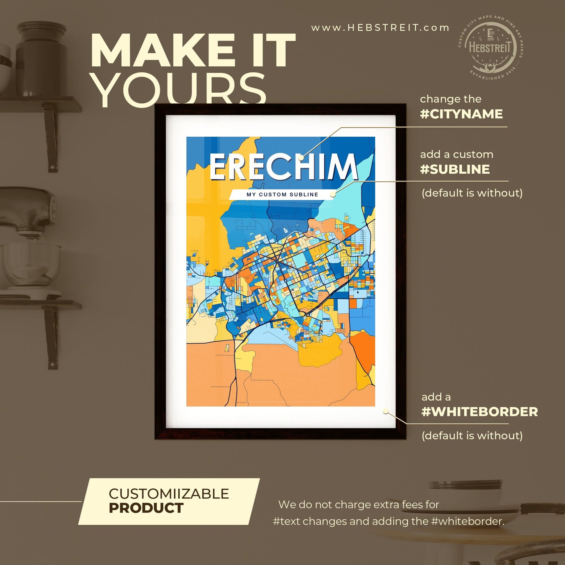 ERECHIM BRAZIL Vibrant Colorful Art Map Poster Blue Orange