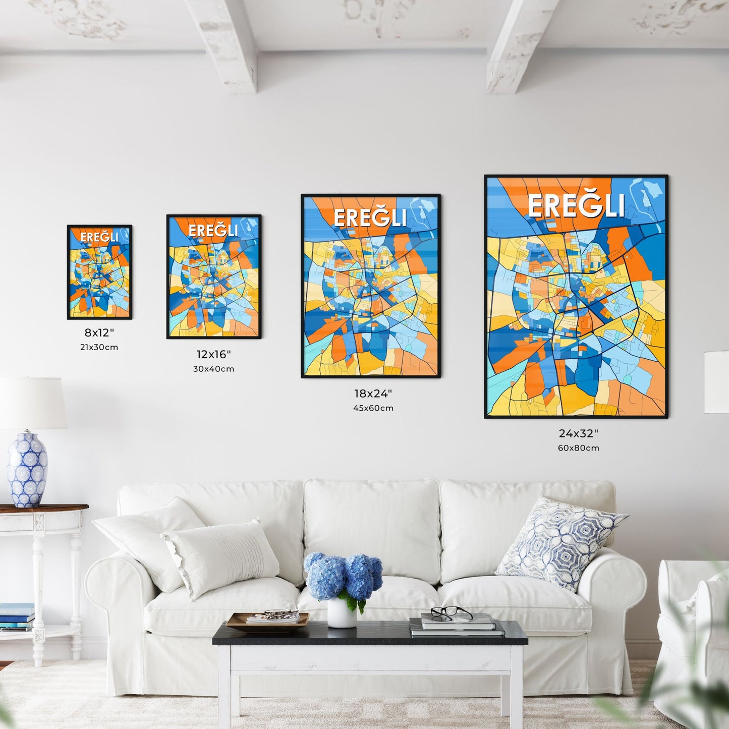 EREĞLI TURKEY Vibrant Colorful Art Map Poster Blue Orange