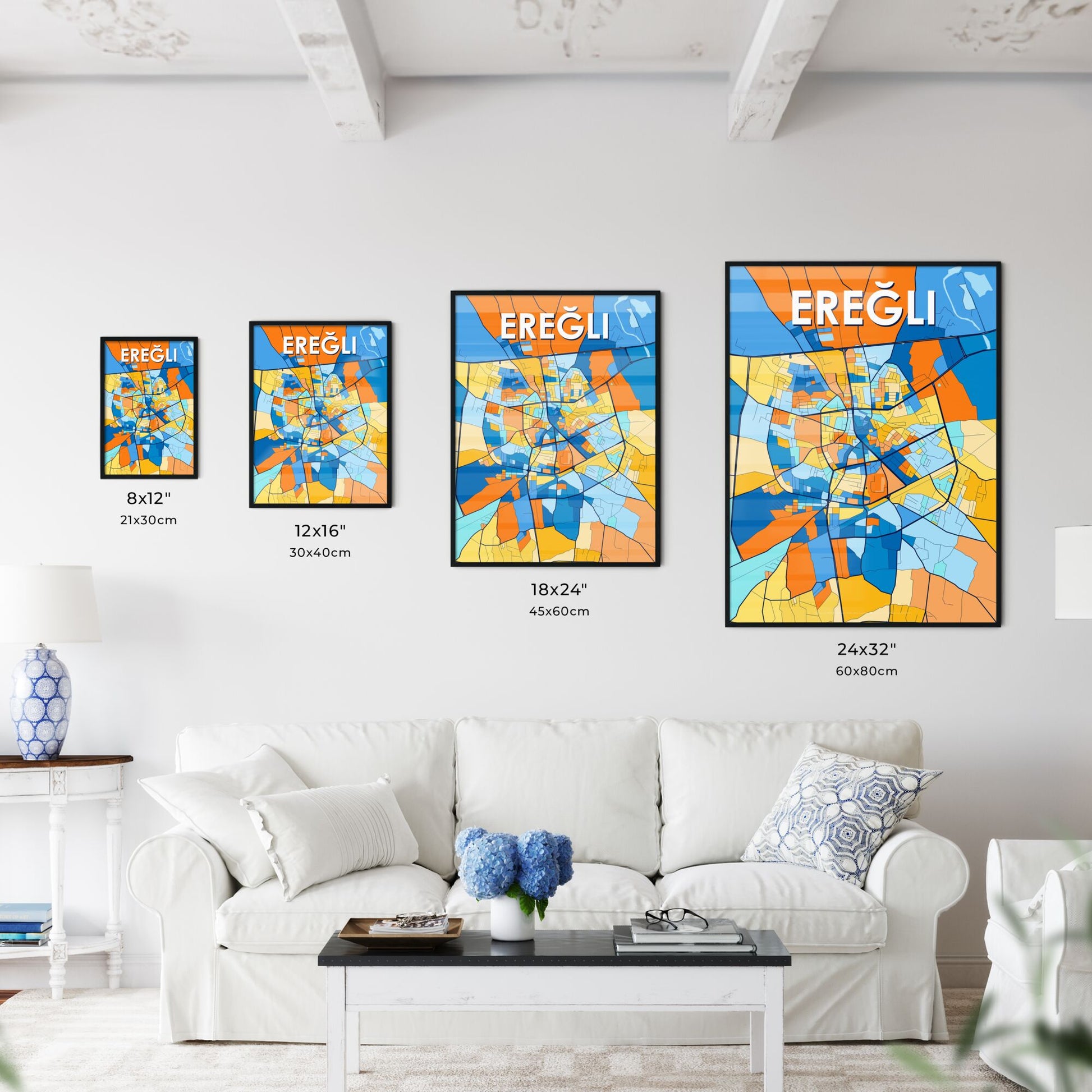 EREĞLI TURKEY Vibrant Colorful Art Map Poster Blue Orange