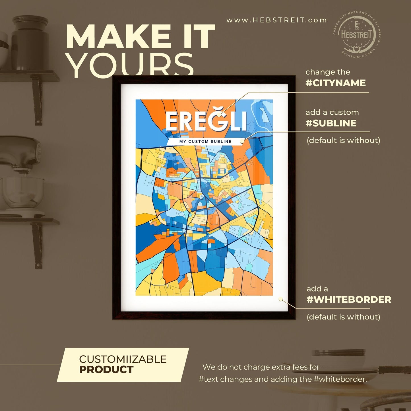 EREĞLI TURKEY Vibrant Colorful Art Map Poster Blue Orange