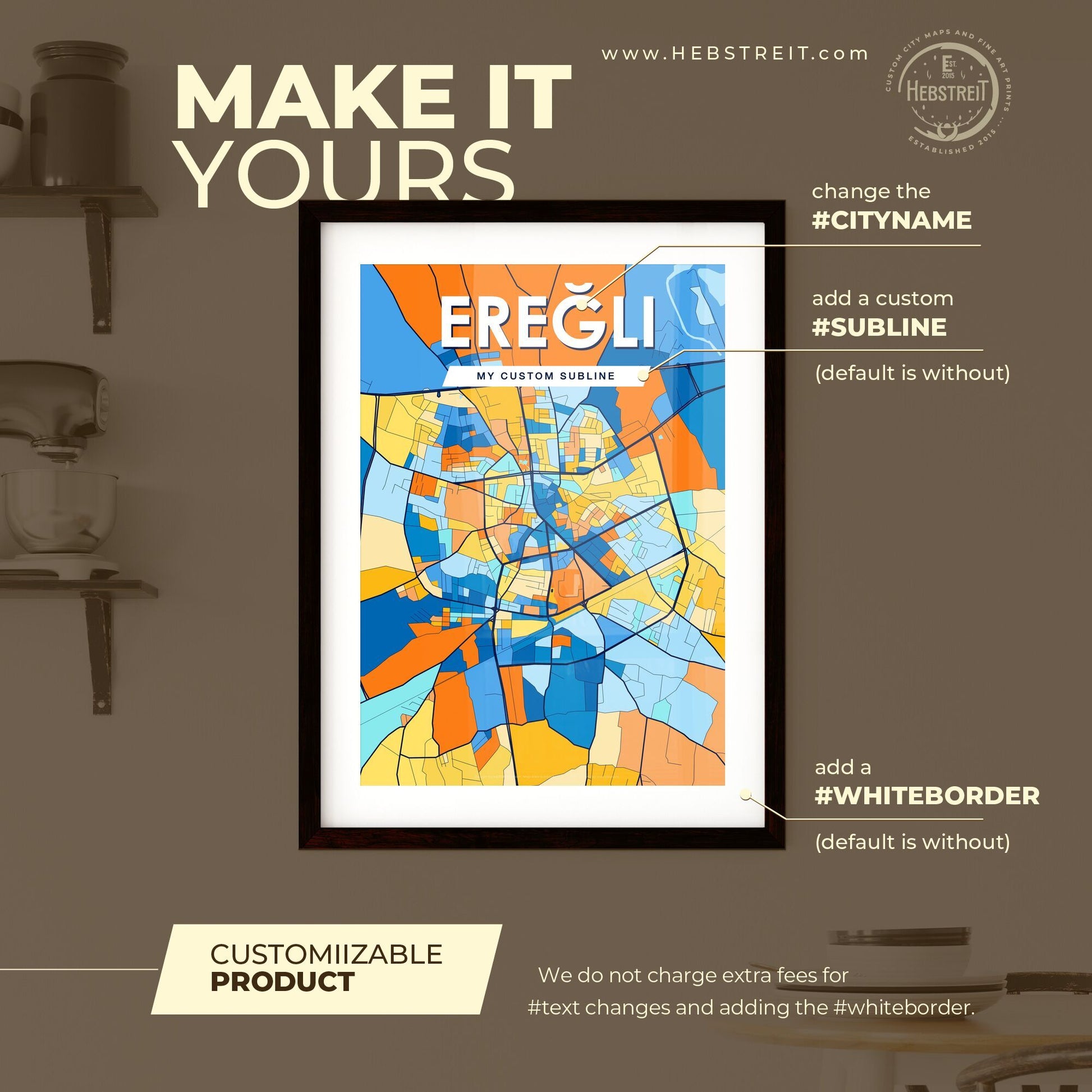 EREĞLI TURKEY Vibrant Colorful Art Map Poster Blue Orange