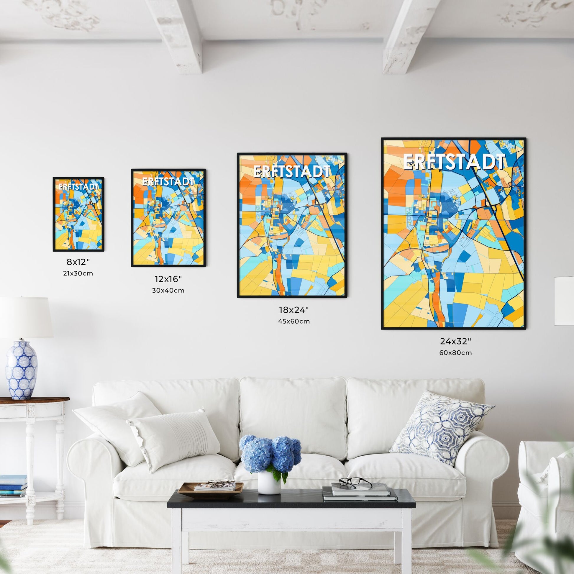 ERFTSTADT GERMANY Vibrant Colorful Art Map Poster Blue Orange