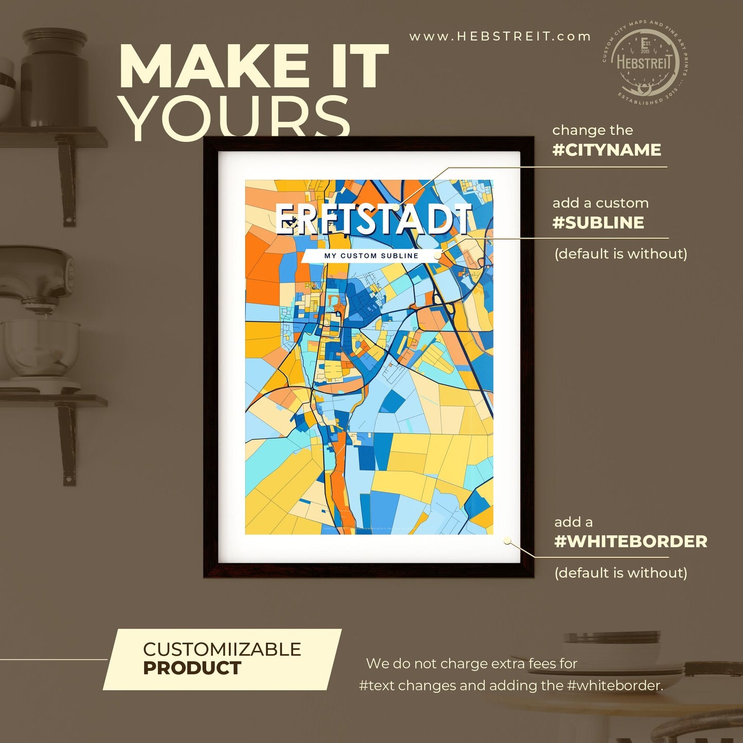 ERFTSTADT GERMANY Vibrant Colorful Art Map Poster Blue Orange