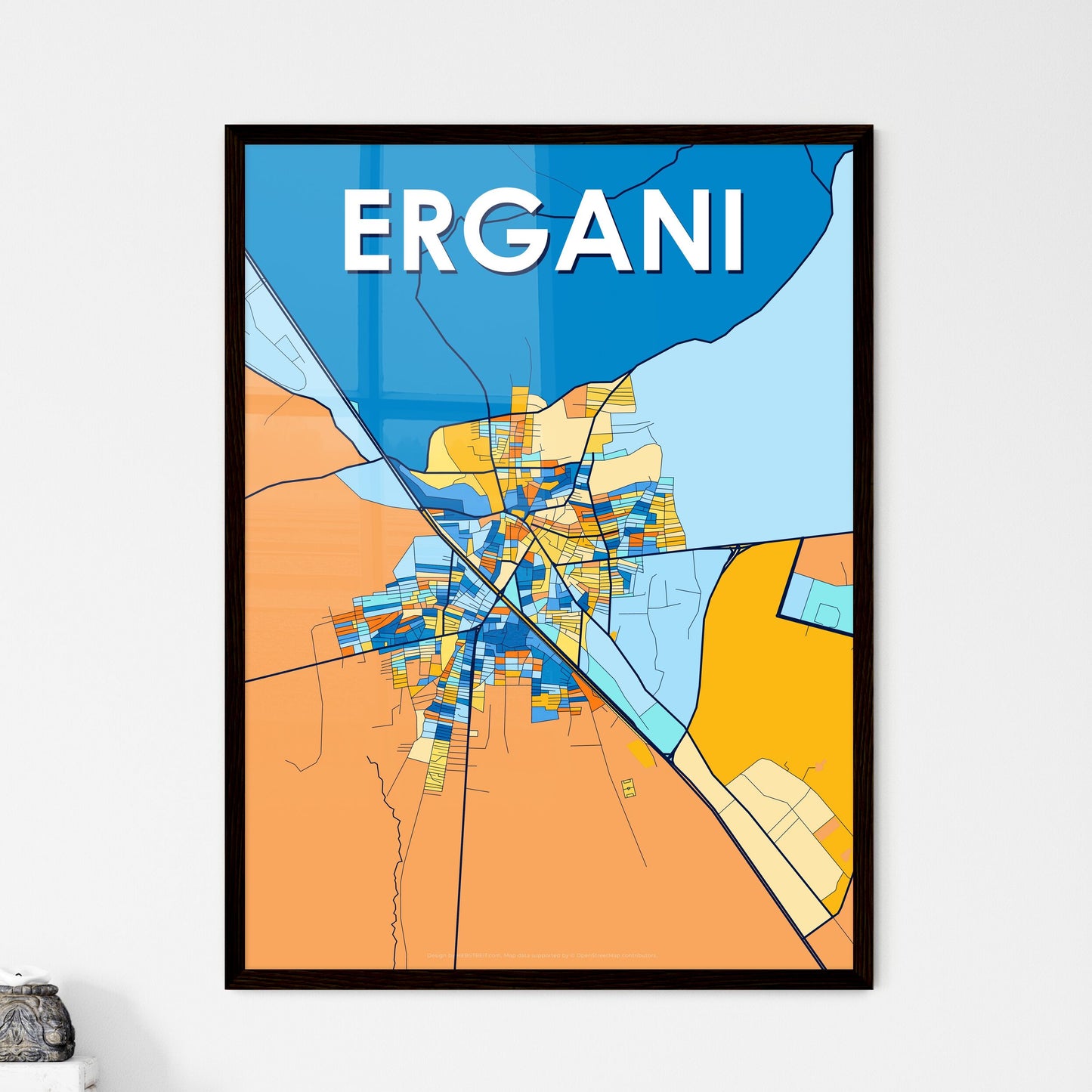ERGANI TURKEY Vibrant Colorful Art Map Poster Blue Orange