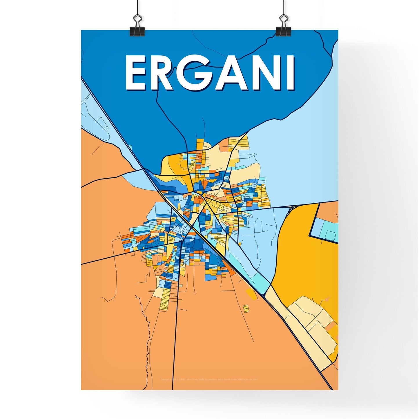 ERGANI TURKEY Vibrant Colorful Art Map Poster Blue Orange