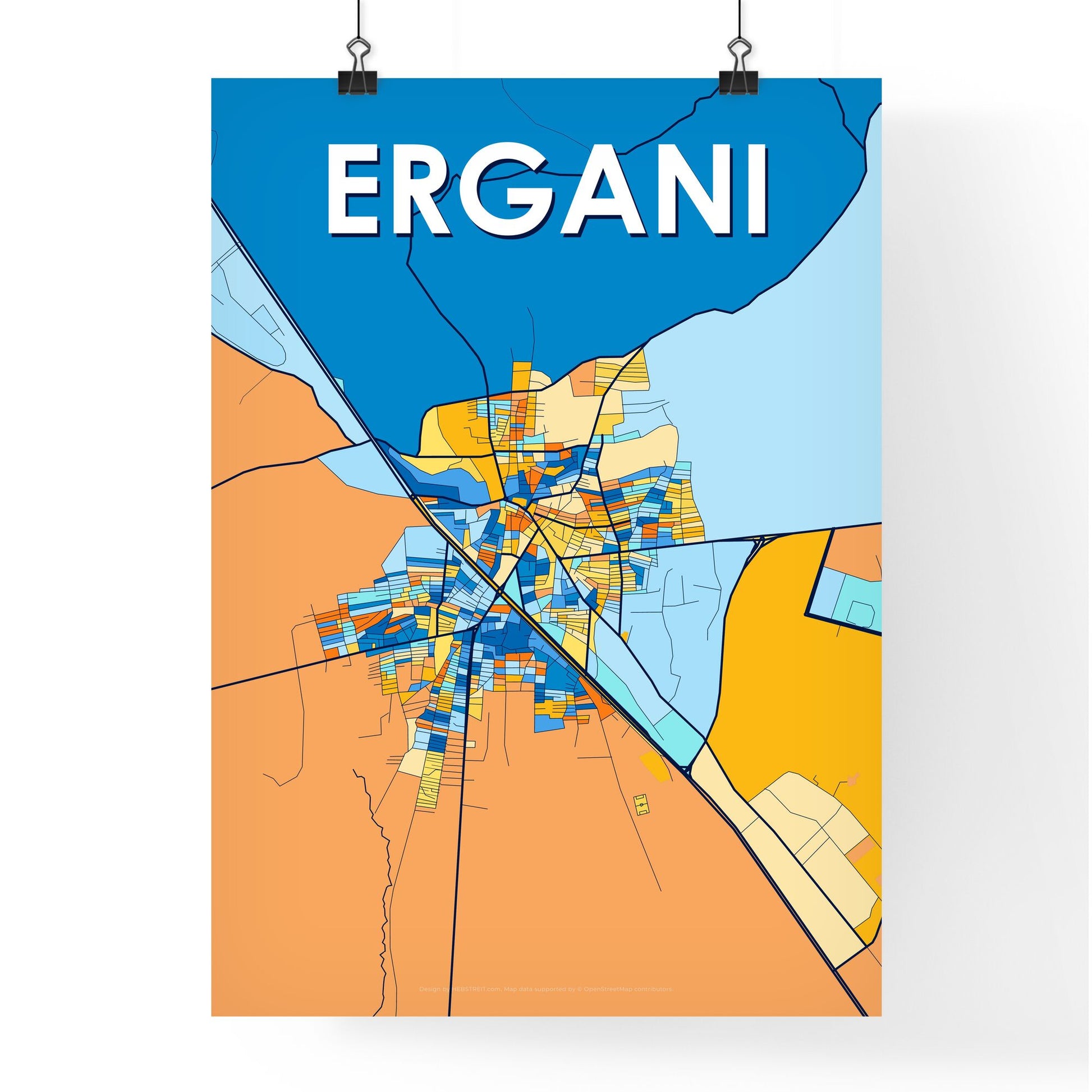ERGANI TURKEY Vibrant Colorful Art Map Poster Blue Orange