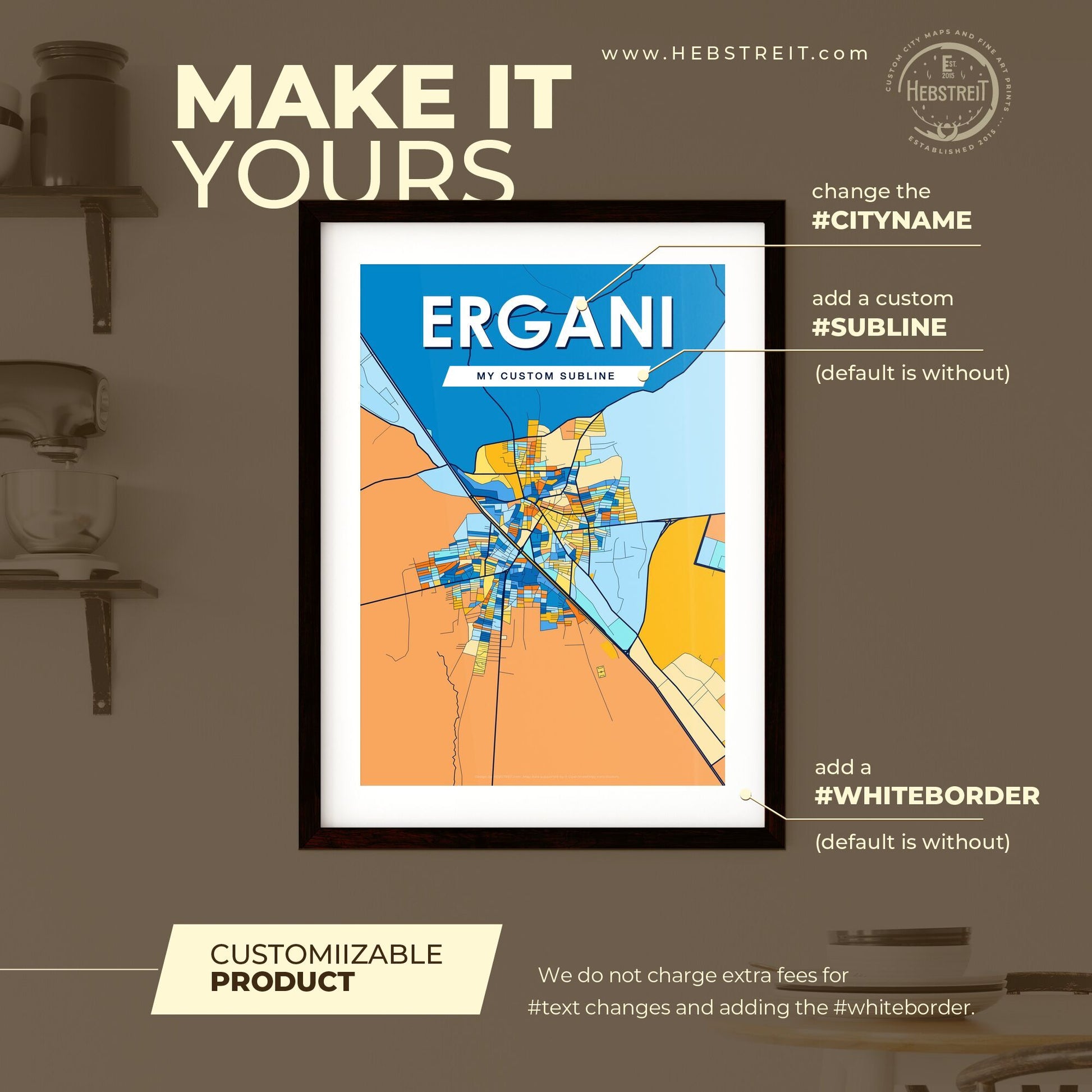 ERGANI TURKEY Vibrant Colorful Art Map Poster Blue Orange