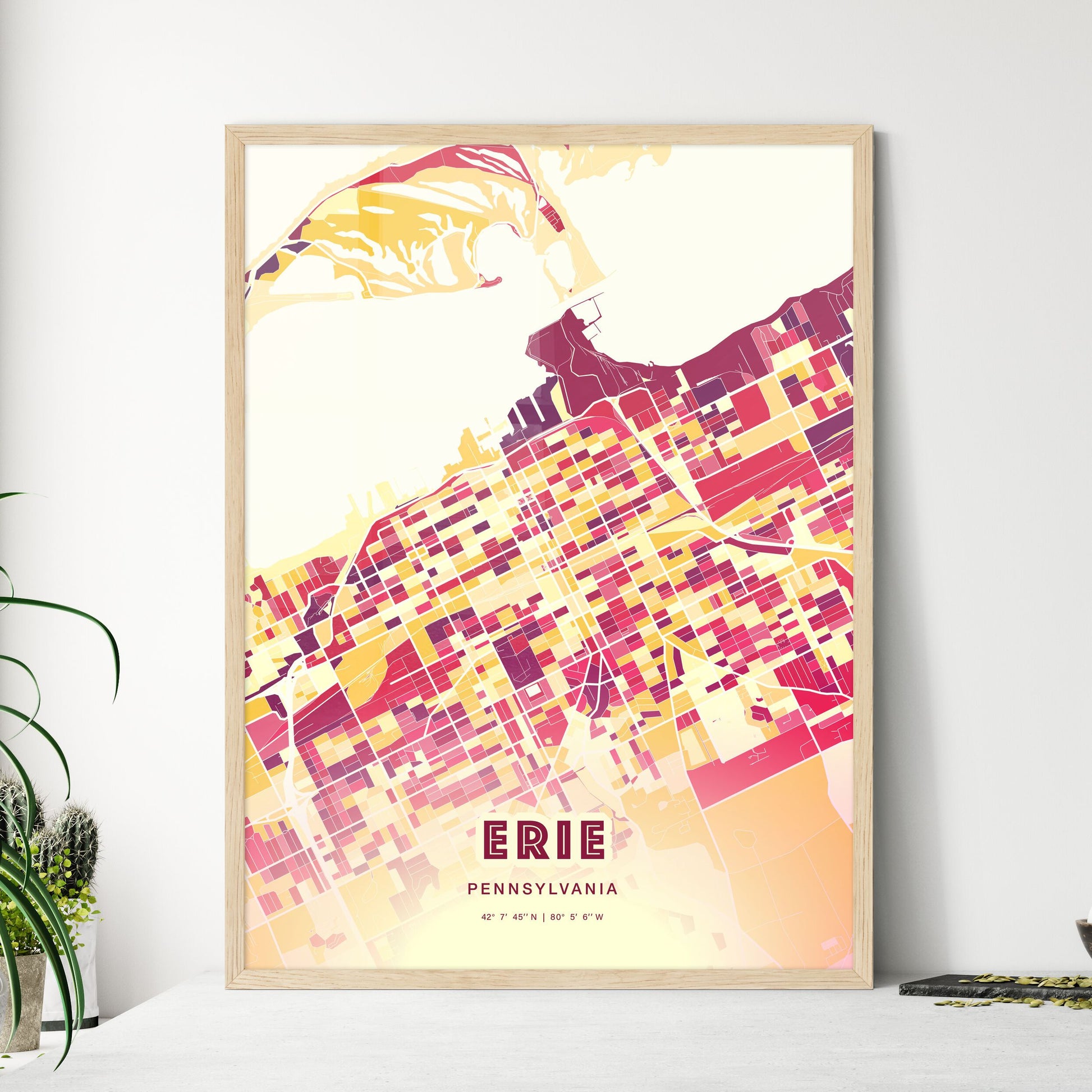 Colorful Erie Pennsylvania Fine Art Map Hot Red