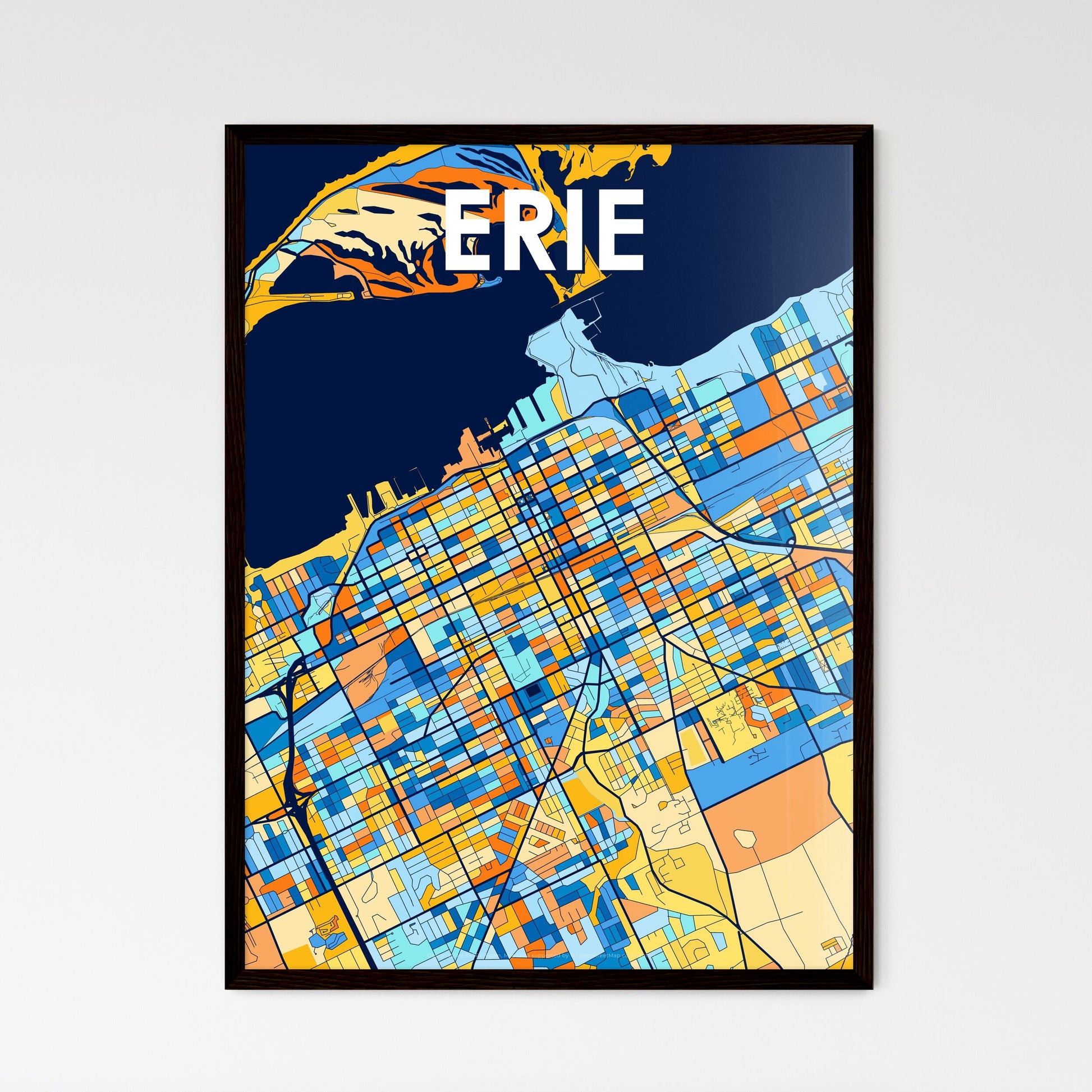 ERIE PENNSYLVANIA Vibrant Colorful Art Map Poster Blue Orange