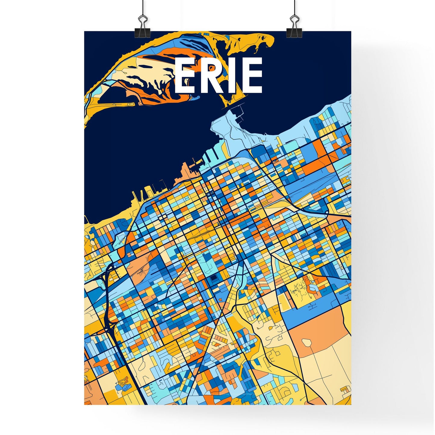ERIE PENNSYLVANIA Vibrant Colorful Art Map Poster Blue Orange