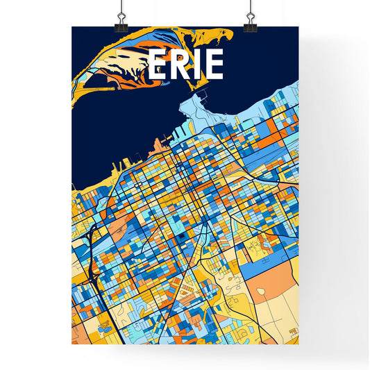 ERIE PENNSYLVANIA Vibrant Colorful Art Map Poster Blue Orange