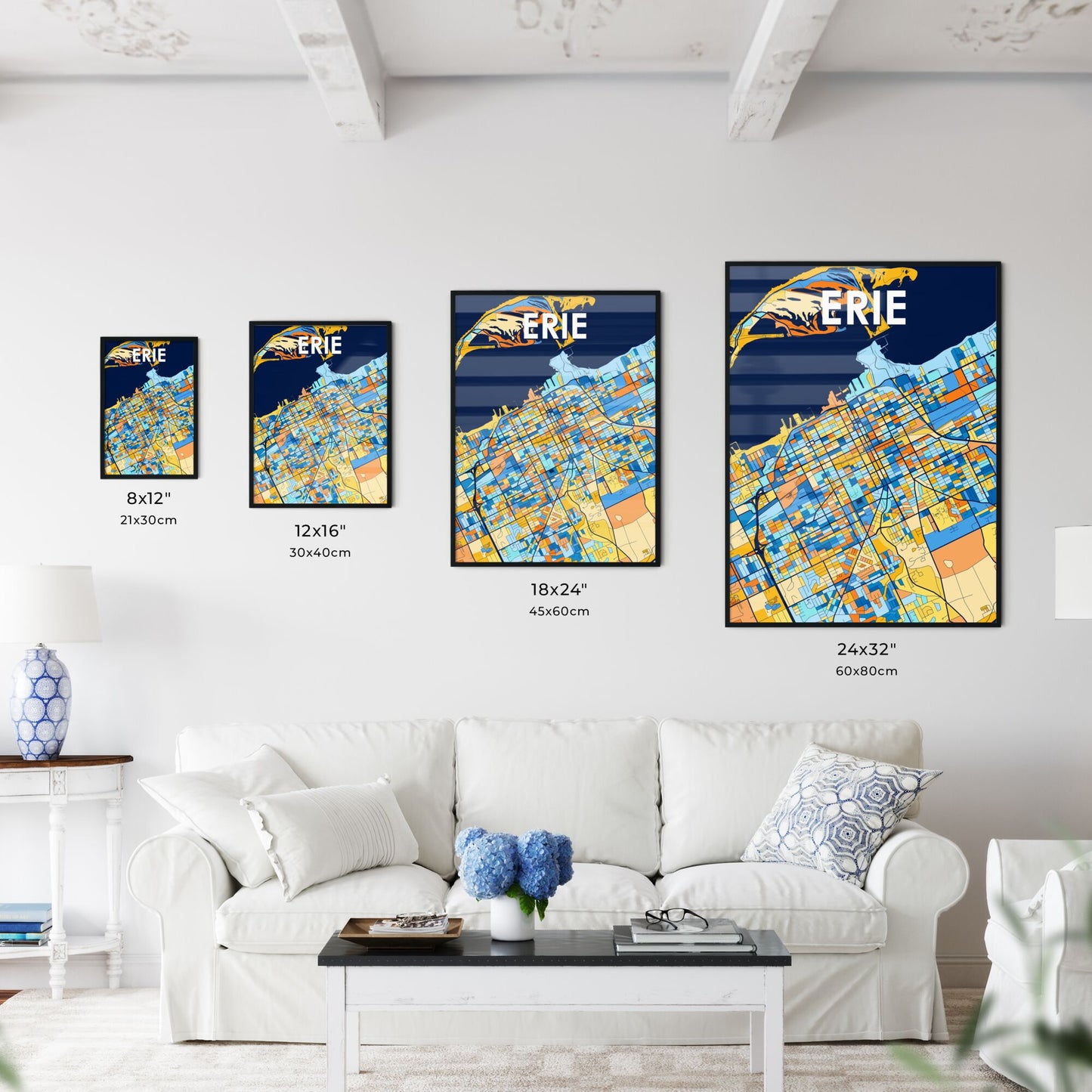 ERIE PENNSYLVANIA Vibrant Colorful Art Map Poster Blue Orange