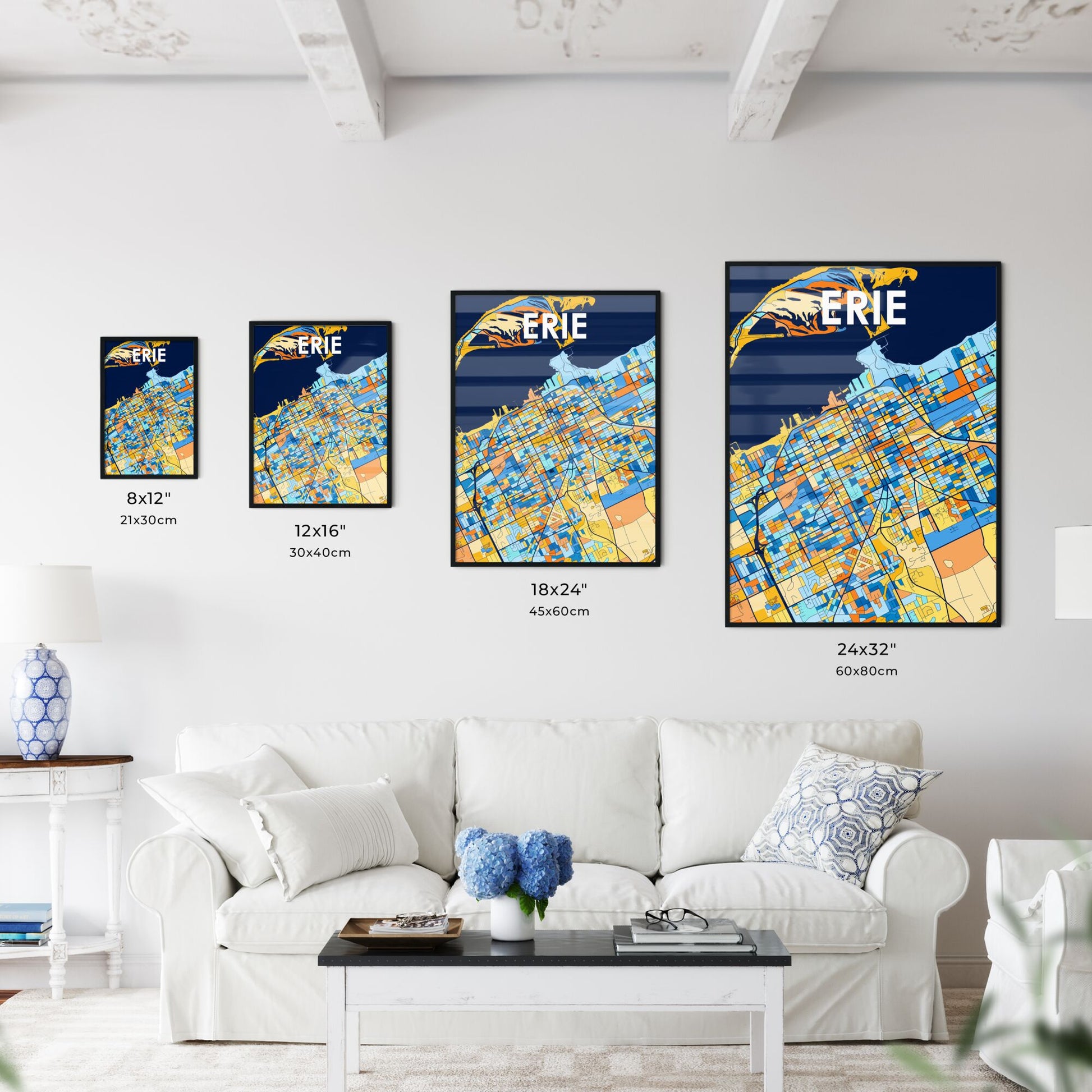 ERIE PENNSYLVANIA Vibrant Colorful Art Map Poster Blue Orange