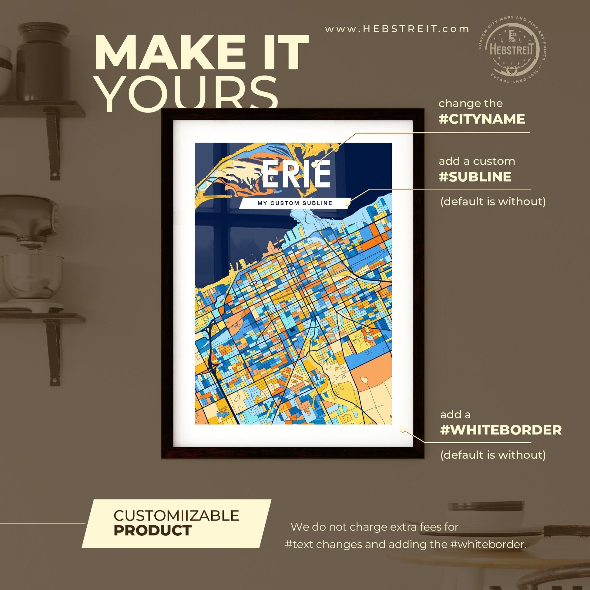 ERIE PENNSYLVANIA Vibrant Colorful Art Map Poster Blue Orange