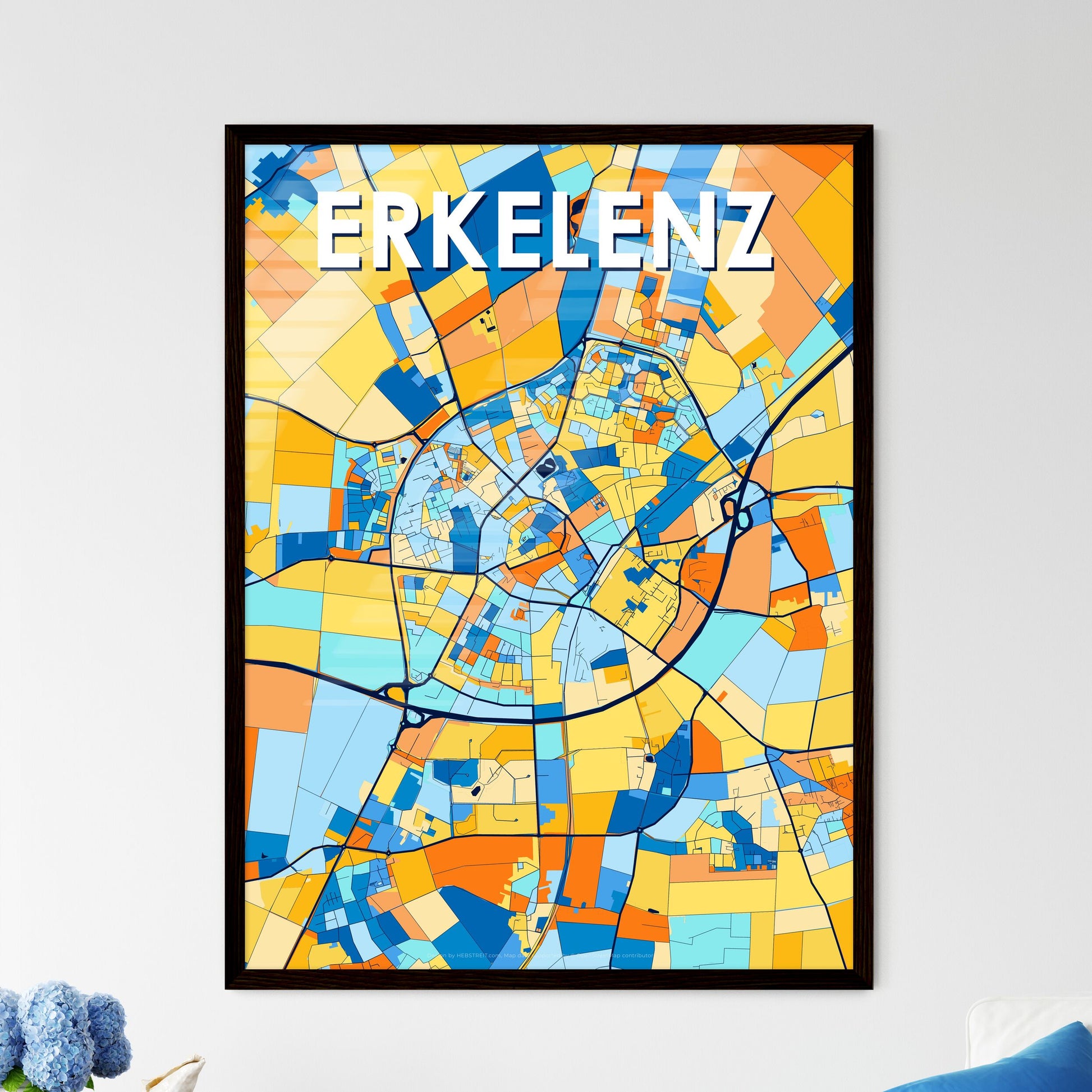ERKELENZ GERMANY Vibrant Colorful Art Map Poster Blue Orange
