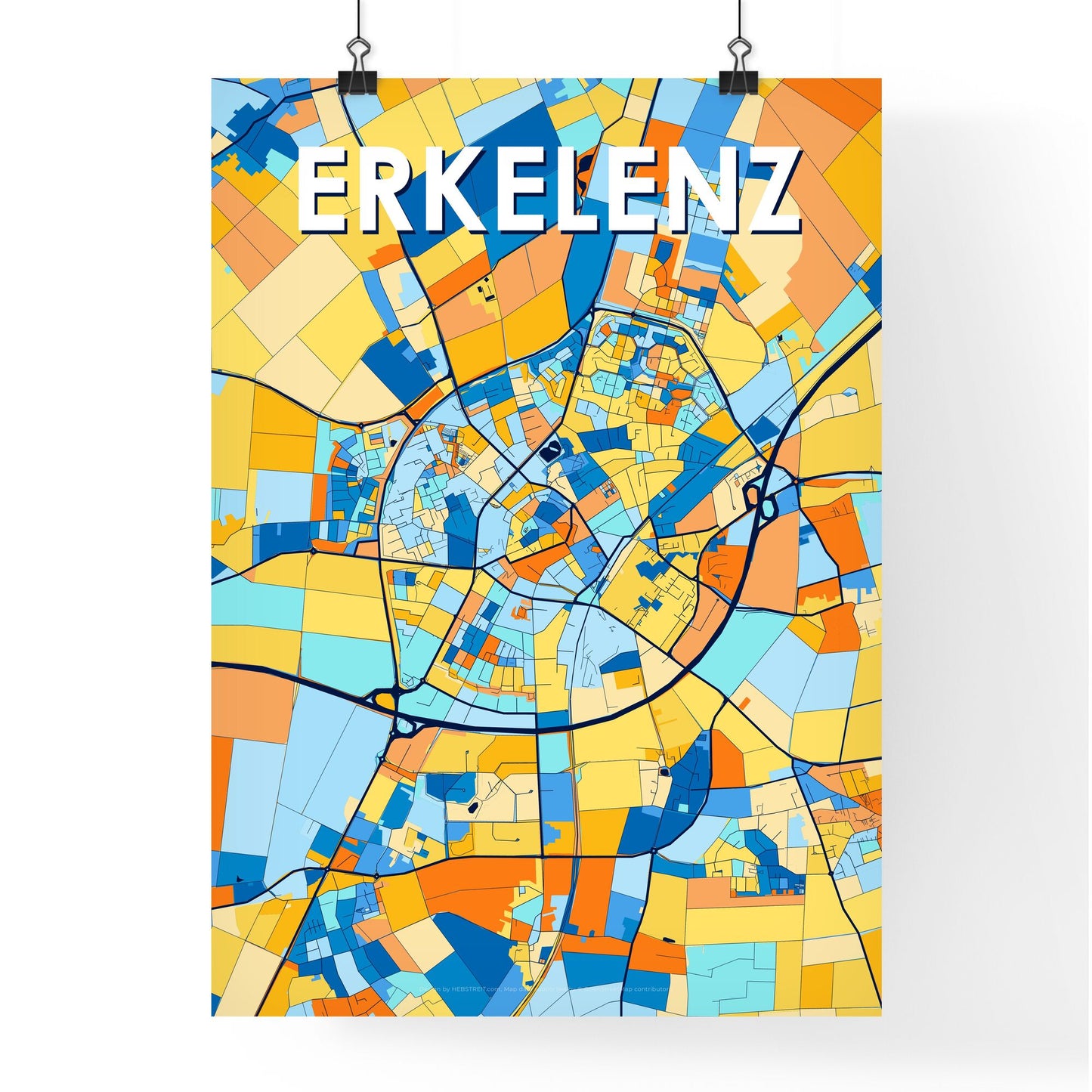 ERKELENZ GERMANY Vibrant Colorful Art Map Poster Blue Orange