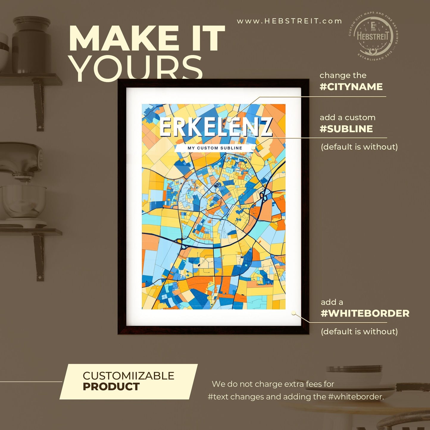 ERKELENZ GERMANY Vibrant Colorful Art Map Poster Blue Orange