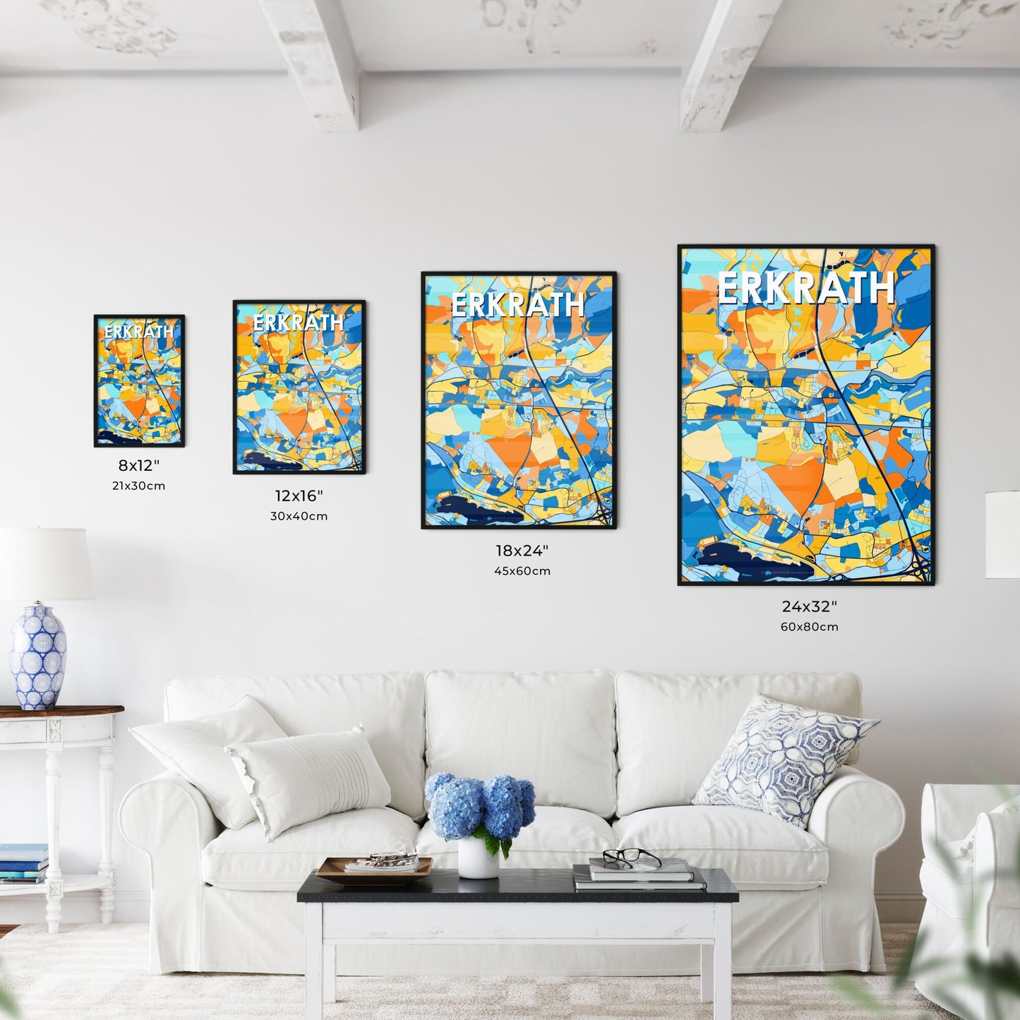 ERKRATH GERMANY Vibrant Colorful Art Map Poster Blue Orange