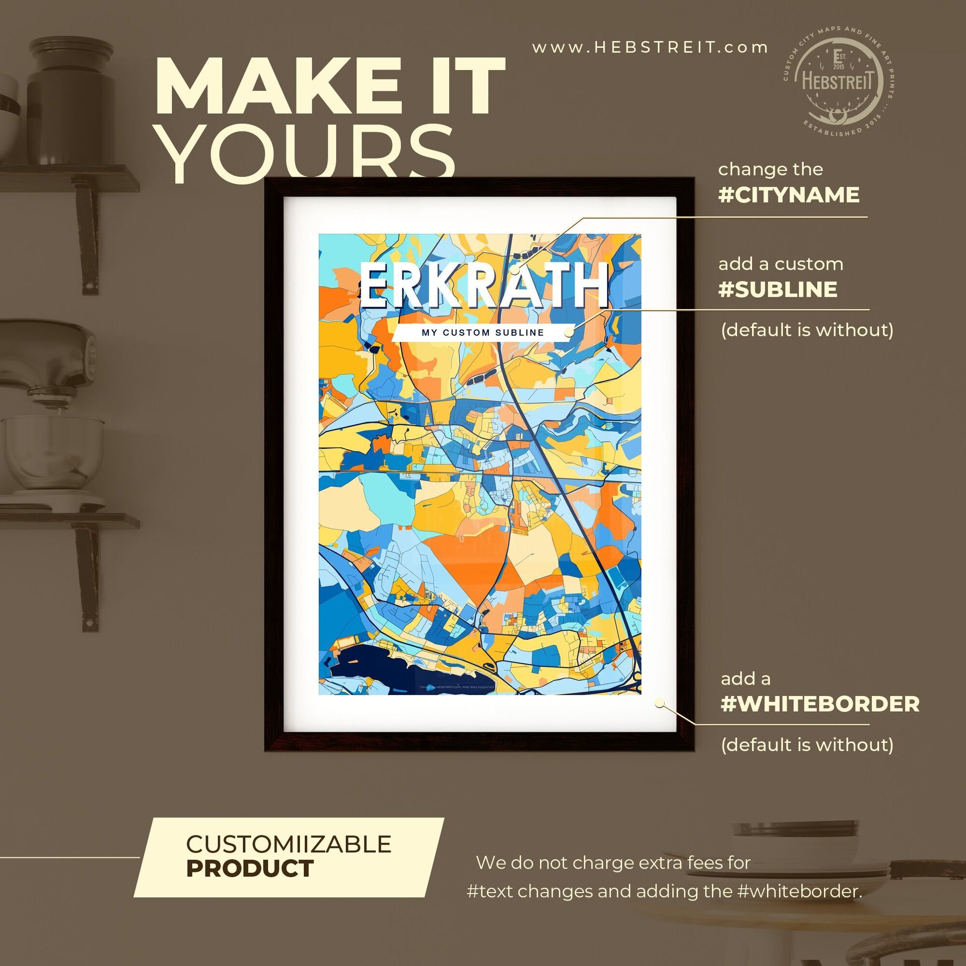 ERKRATH GERMANY Vibrant Colorful Art Map Poster Blue Orange